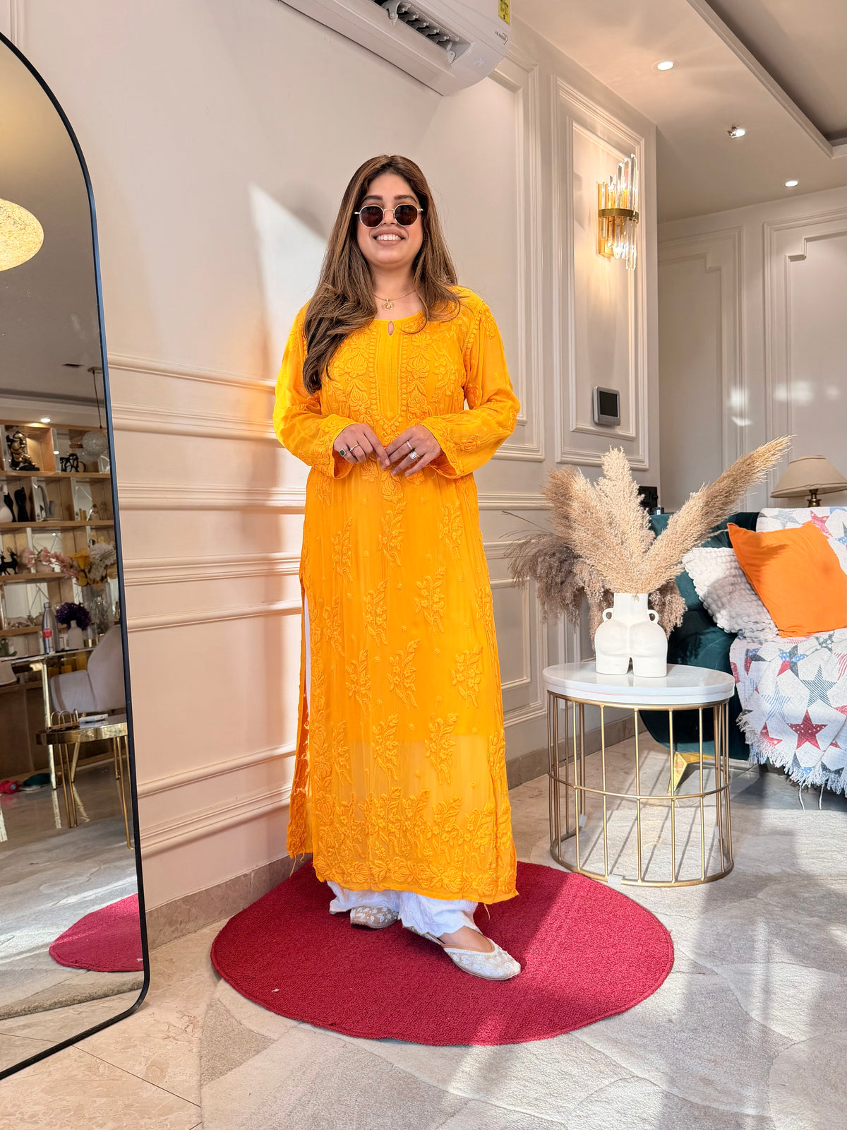 Hand Embroidered 3DChikankari Kurta  | Viscose | Mustard