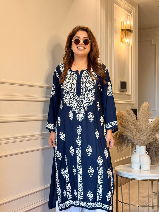 Hand Embroidered Chikankari Kurta | Modal | Midnight Navy