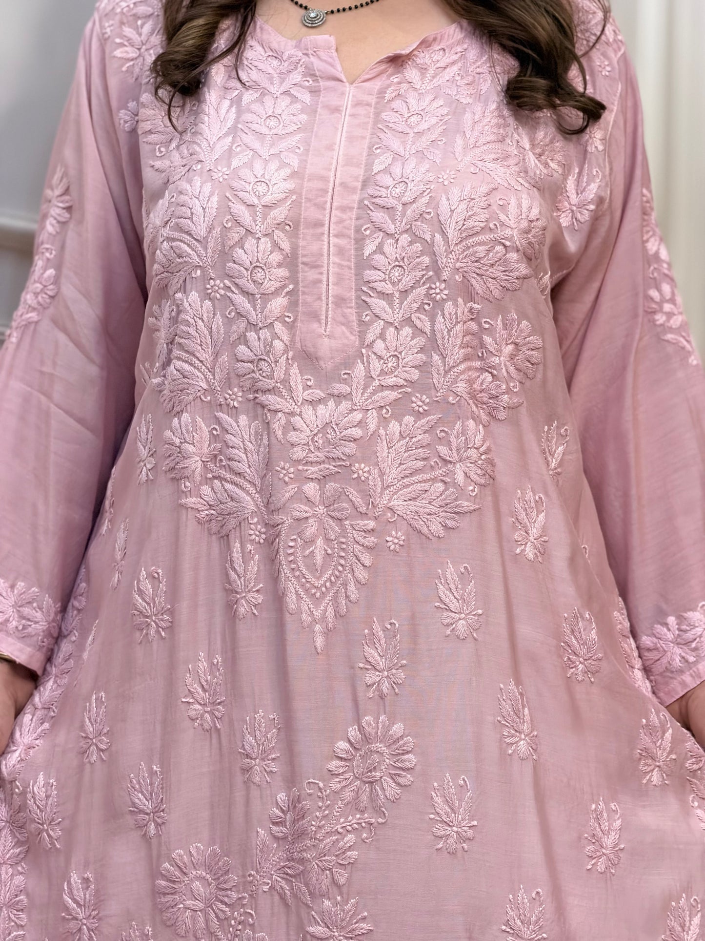 Hand Embroidered Chikankari Kurta | Premium Mul Chanderi | Mauve