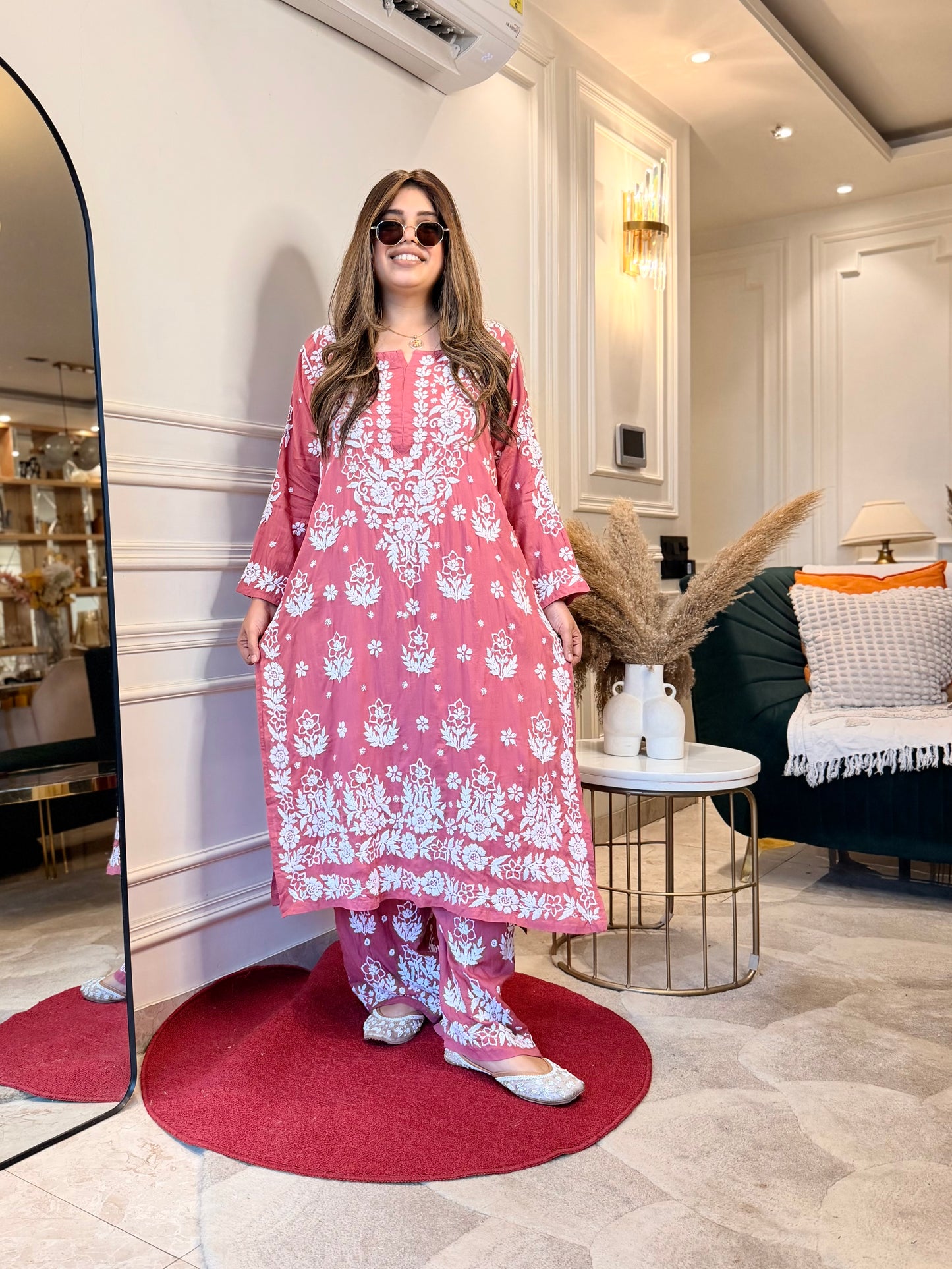 Hand embroidered 3D Chikankari Kurta set | Premium Modal| Dusty Rose