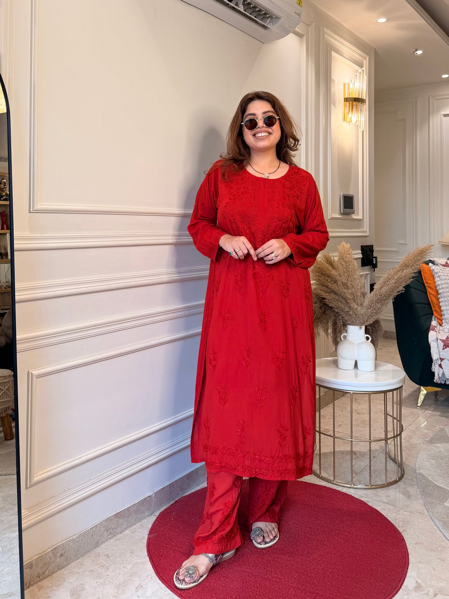Hand Embroidered Chikankari Kurta Set - Red Colour