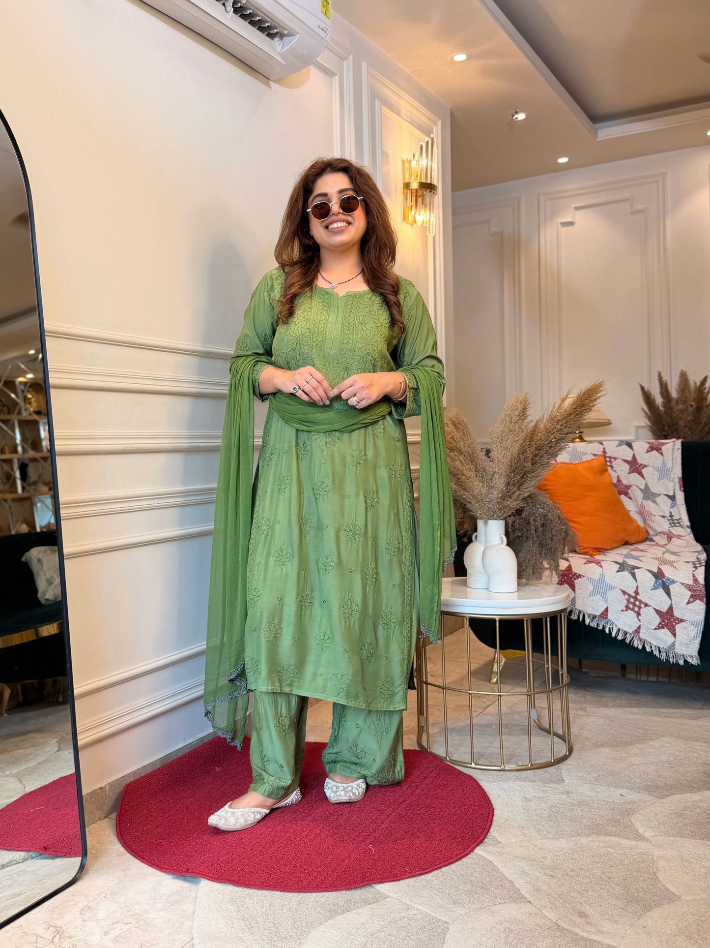 Hand Embroidered Chikankari 3 piece Kurta set | Mul Chanderi | Green