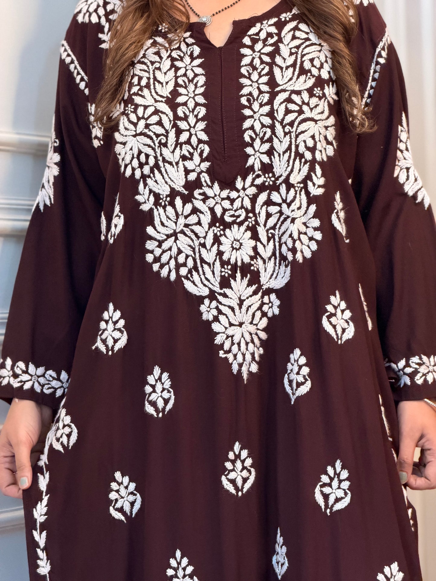 Hand Embroidered Chikankari Kurta set | Modal  | Chocolate Brown