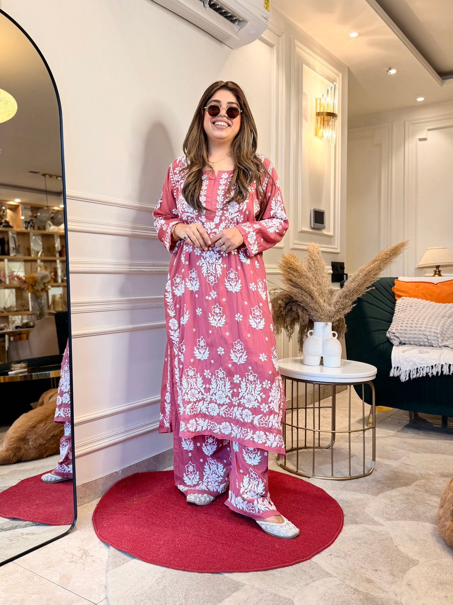 Hand embroidered 3D Chikankari Kurta set | Premium Modal| Dusty Rose