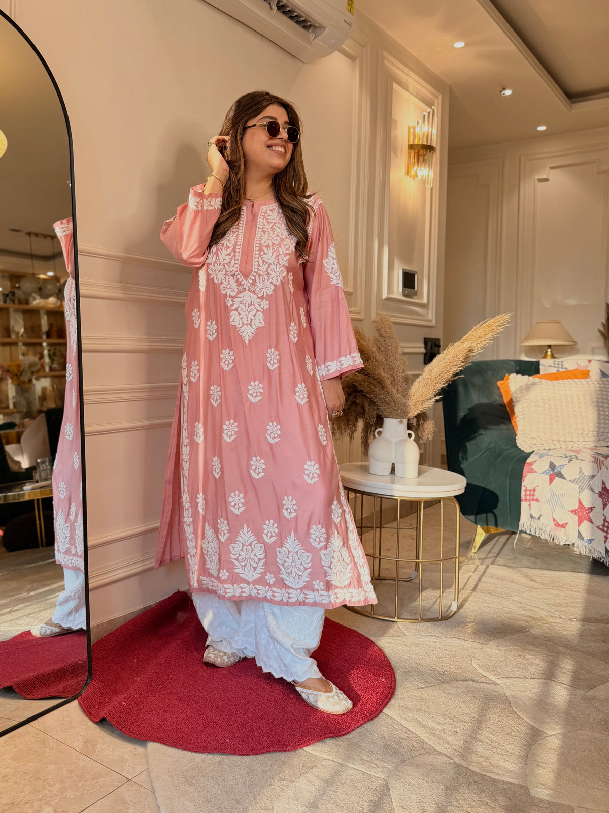 Hand Embroidered 3D Chikankari Kurta | Mul Chanderi | Pastel Rose