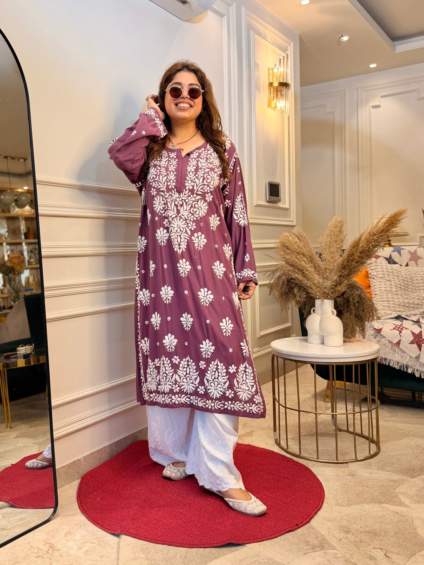 Hand Embroidered Chikankari Kurta set | Modal | Plum Blush