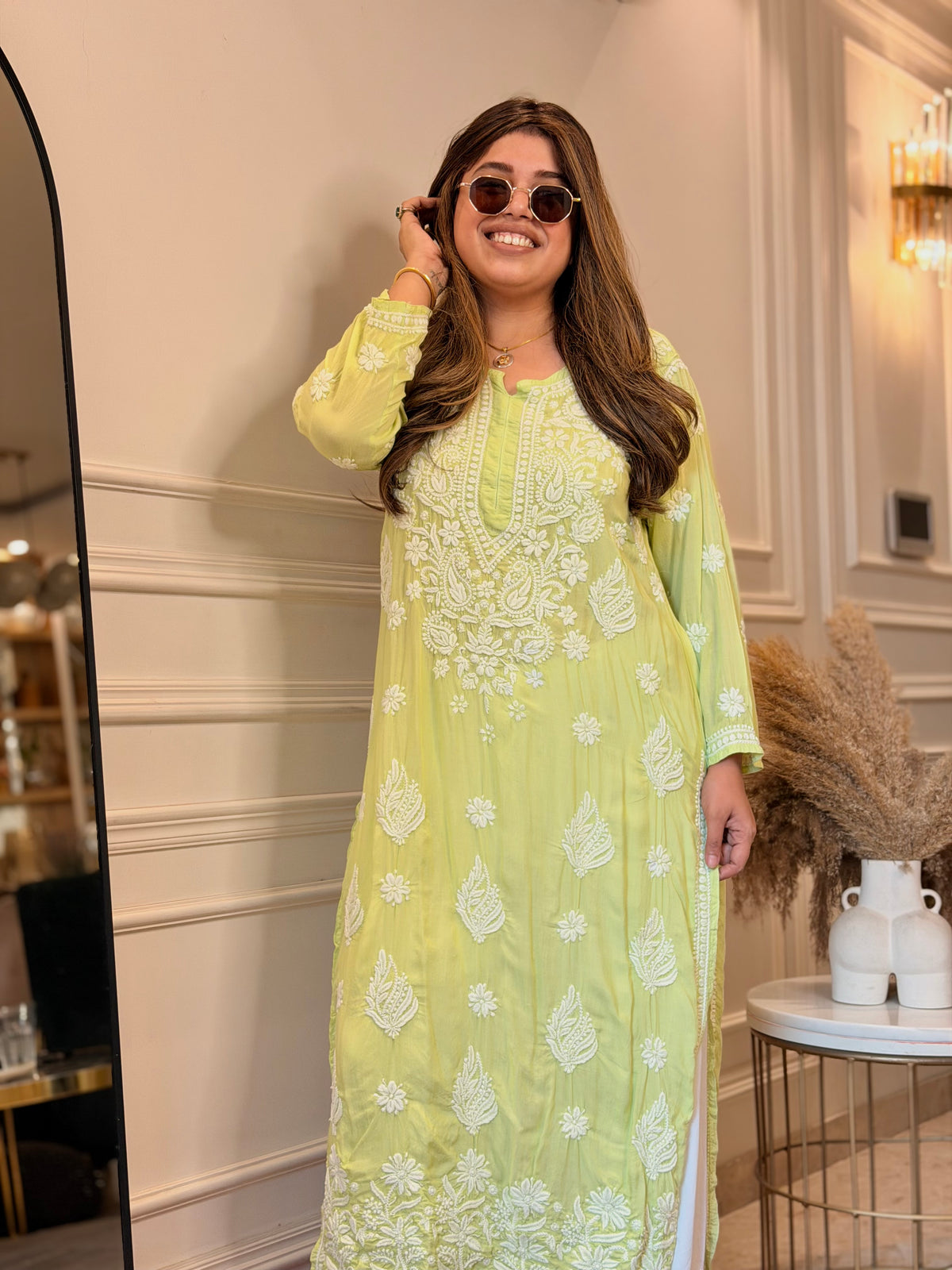 Hand Embroidered 3D Chikankari Kurta | Mul Chanderi | Light Green