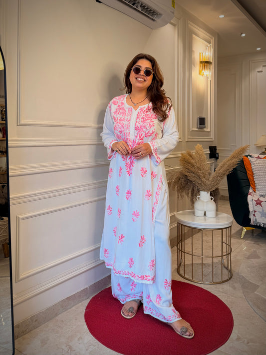 Hand Embroidered Chikankari Kurta Set - white with Pink