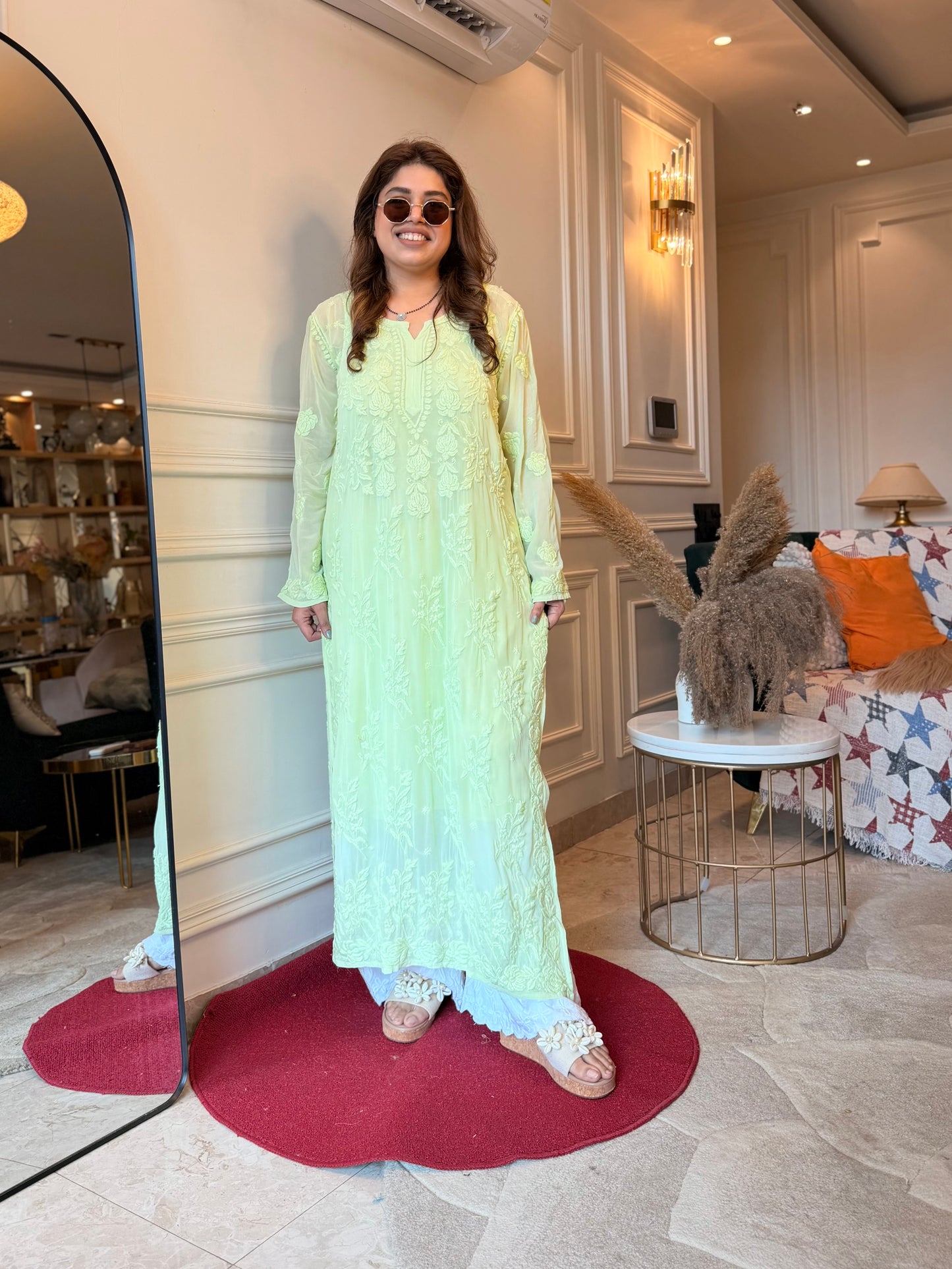 Hand Embroidered 3DChikankari Kurta  | Viscose | Pista Green
