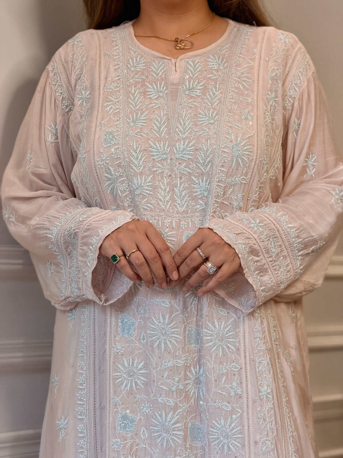 Luxe Hand Embroidered Chikankari Kurta & Duppta | Premium Soft Muslin | Peach Nude