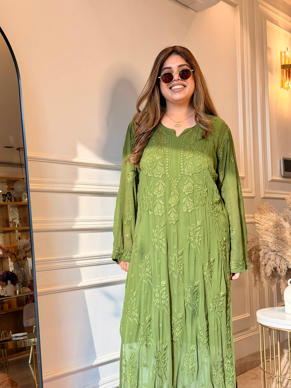 Hand Embroidered 3DChikankari Kurta  | Viscose | Green