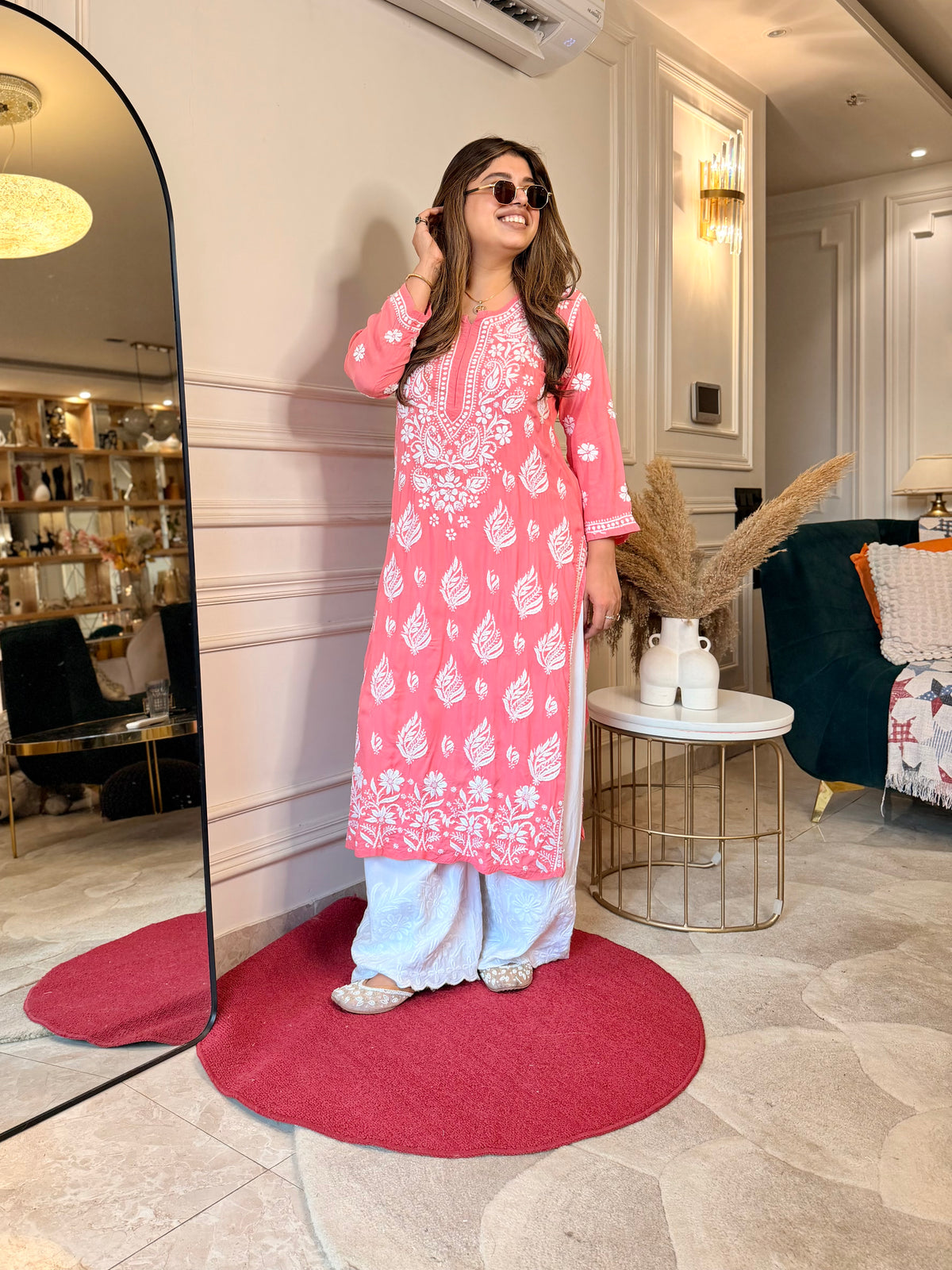 Hand Embroidered 3D Chikankari Kurta | Mul Chanderi | Coral Pink