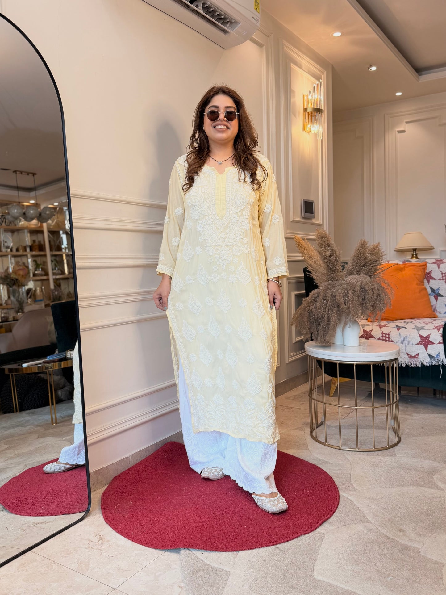 Hand Embroidered 3DChikankari Kurta  | Mul Chanderi | Butter Yellow