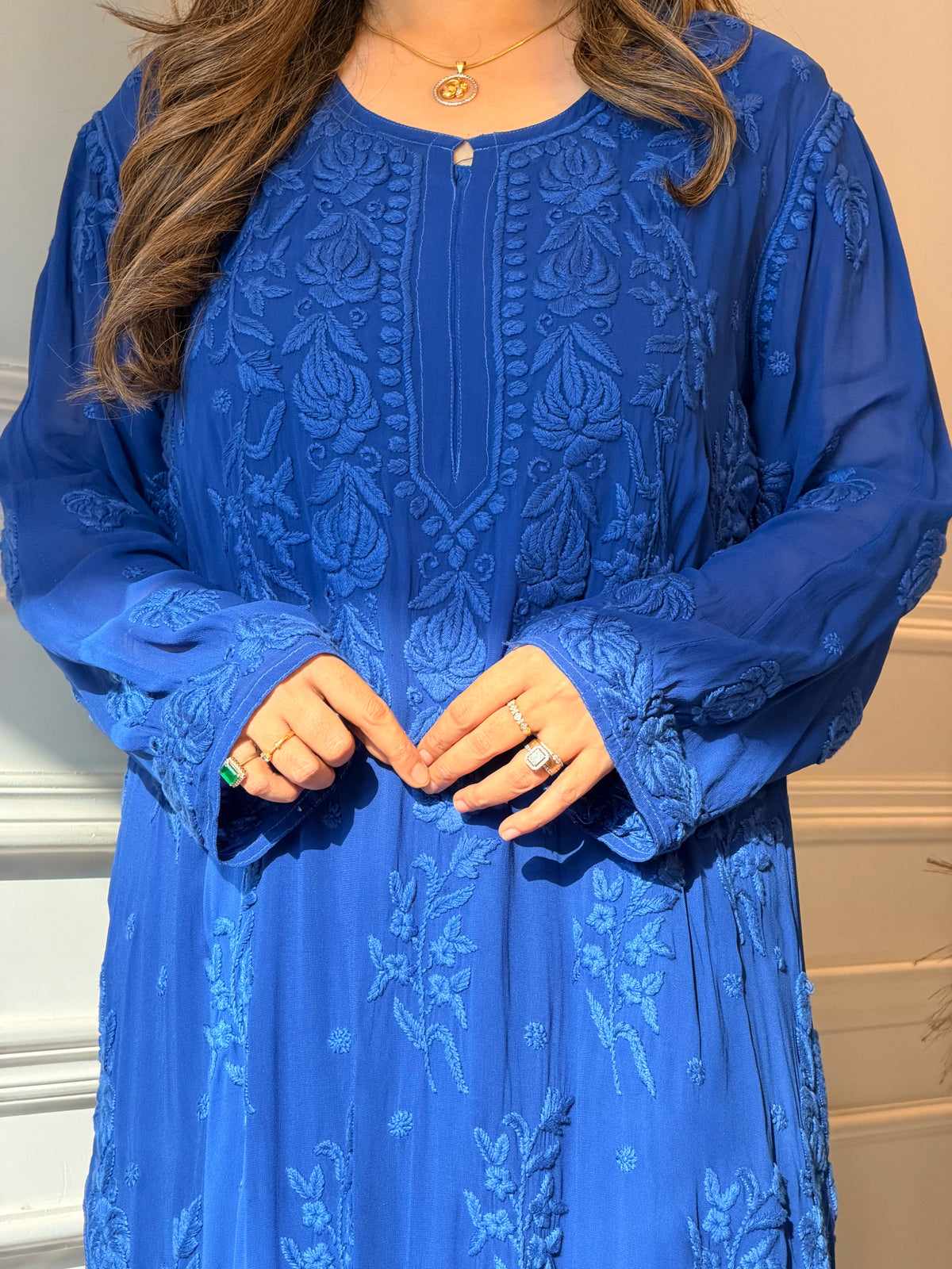Hand Embroidered 3DChikankari Kurta  | Viscose | Royal Blue