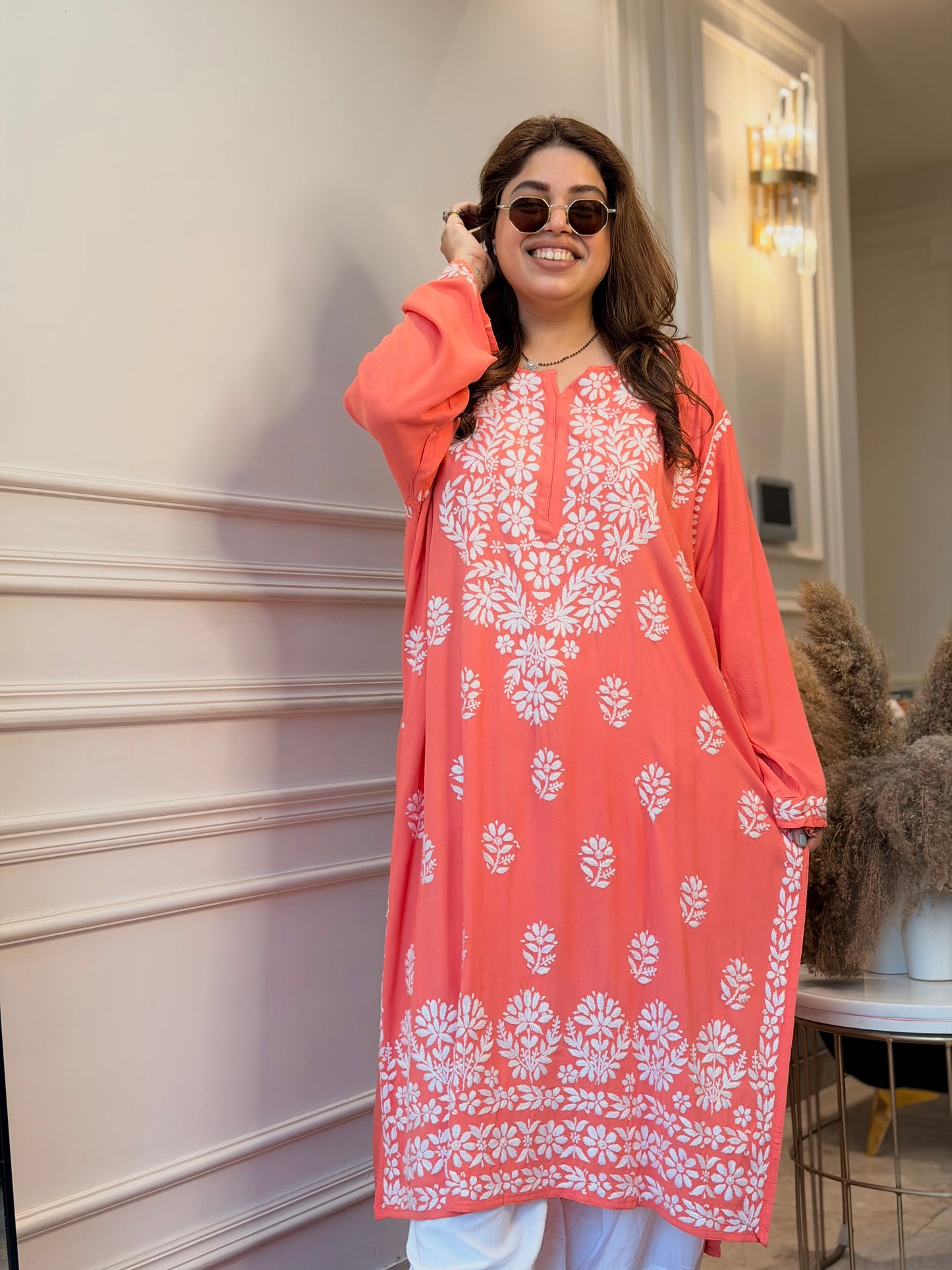 Hand Embroidered 3DChikankari Kurta with Plazo | Premium Soft Cotton | Peach