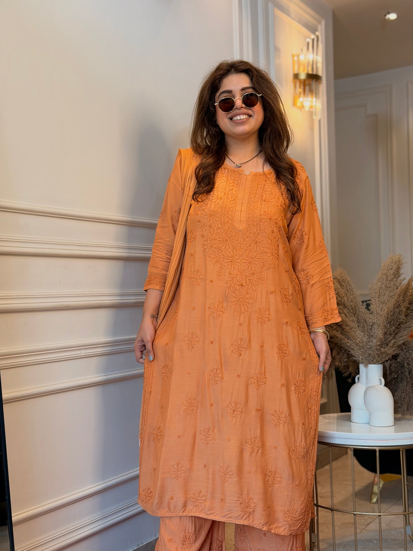 Hand Embroidered Chikankari 3 piece Kurta set | Mul Chanderi | Golden Mustard
