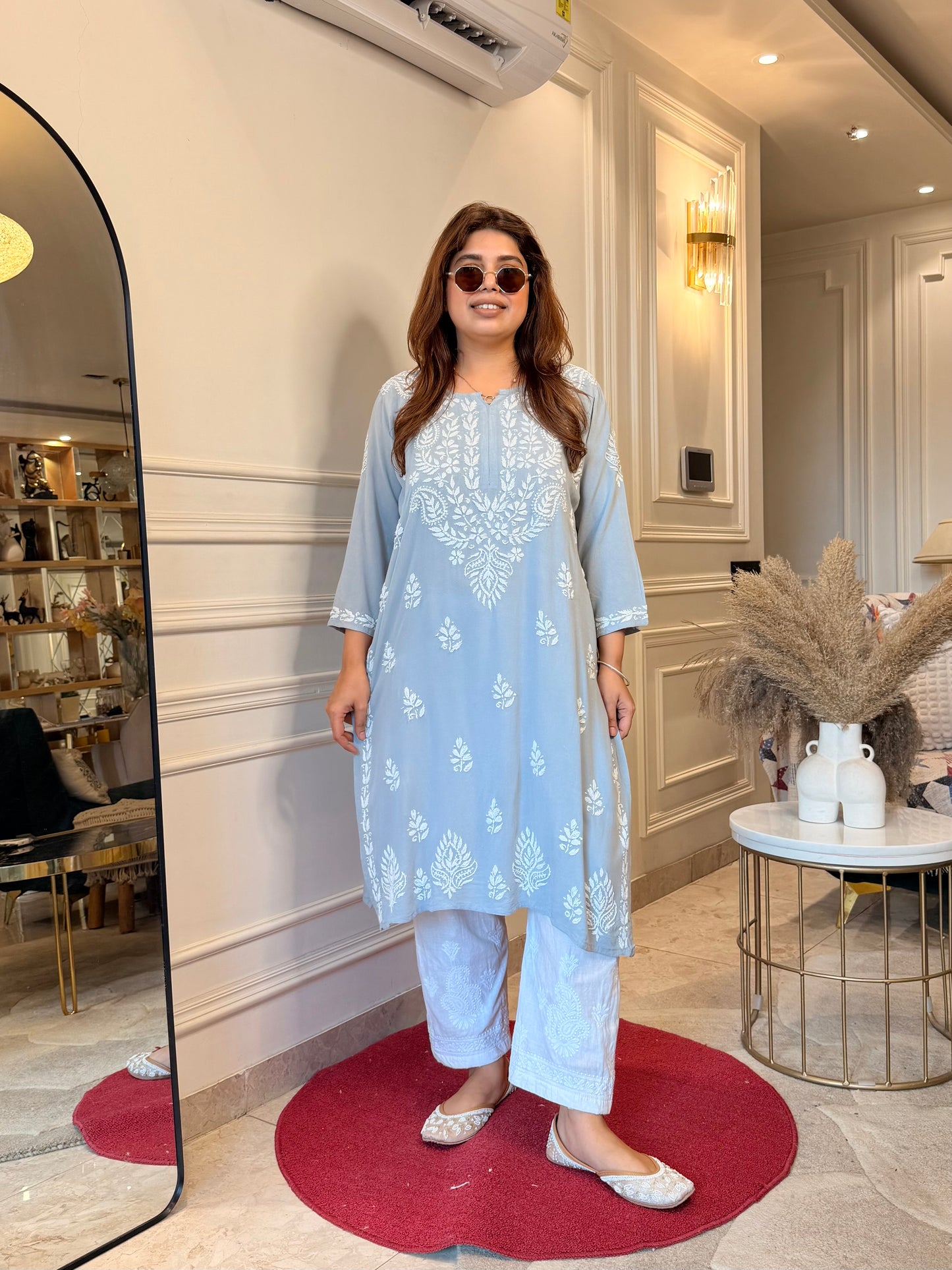 Hand Embroidered Chikankari Kurta | Modal | Pastel Grey