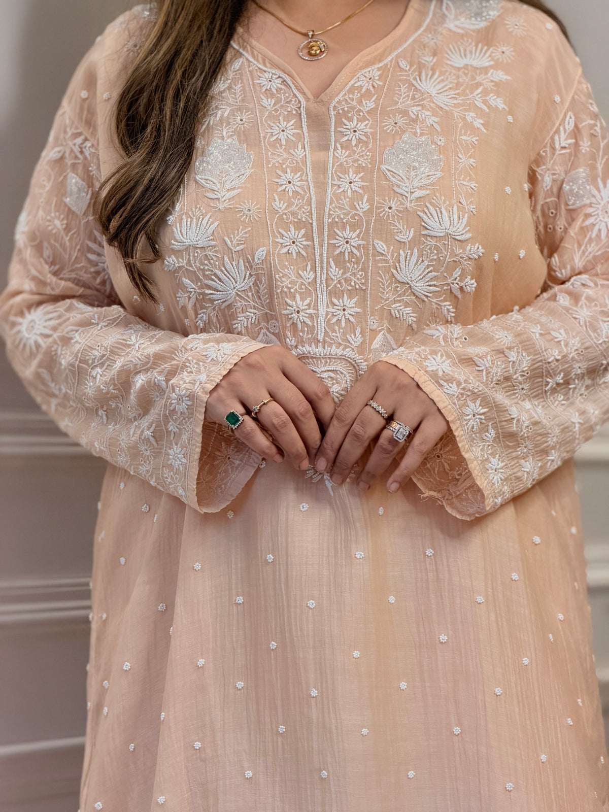 Premium Hand Embroidered Chikankari Kurta & Duppta | Mul Chanderi | Peach