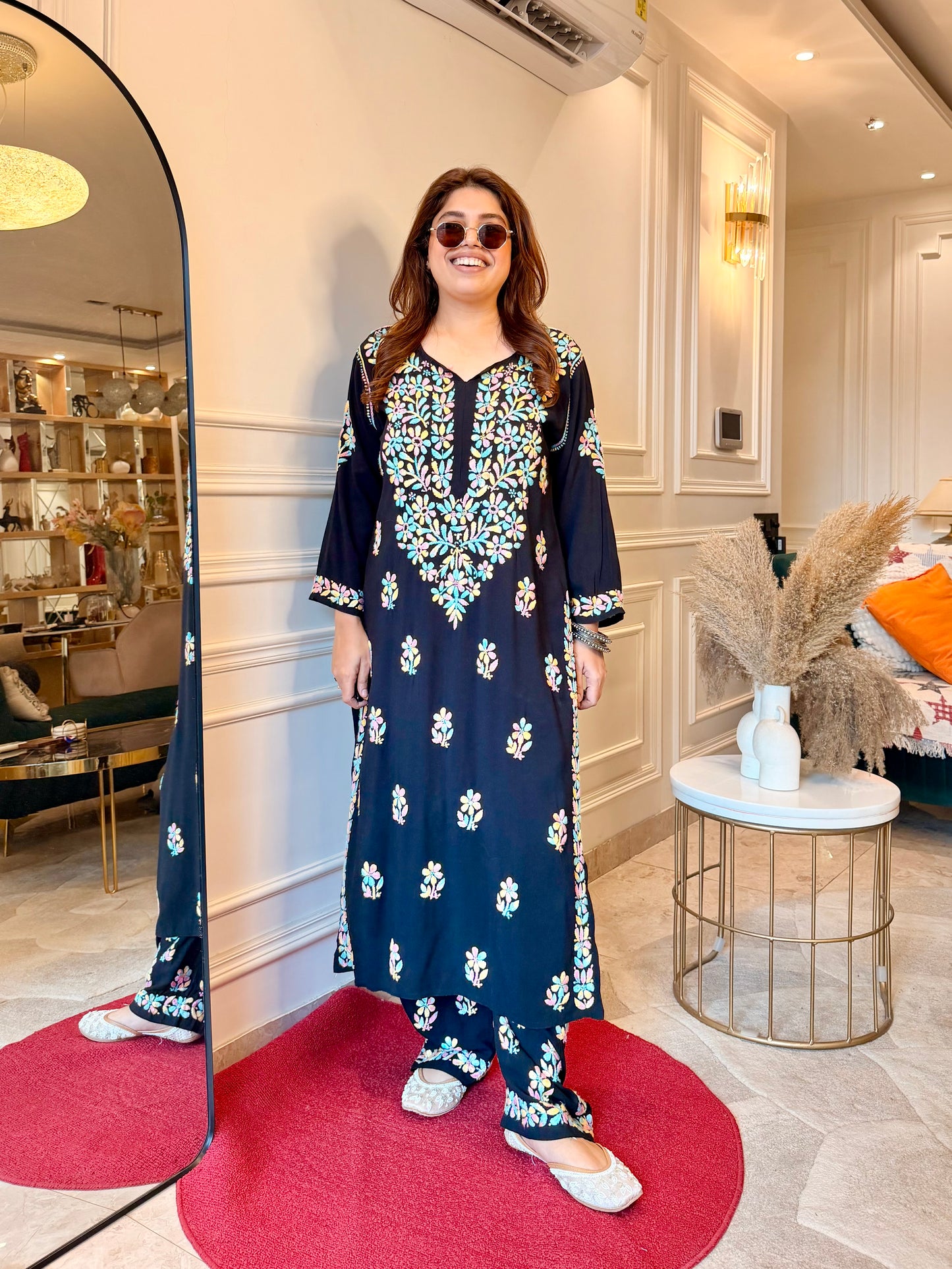 Hand Embroidered Chikankari Kurta Set - Black with Multi colour