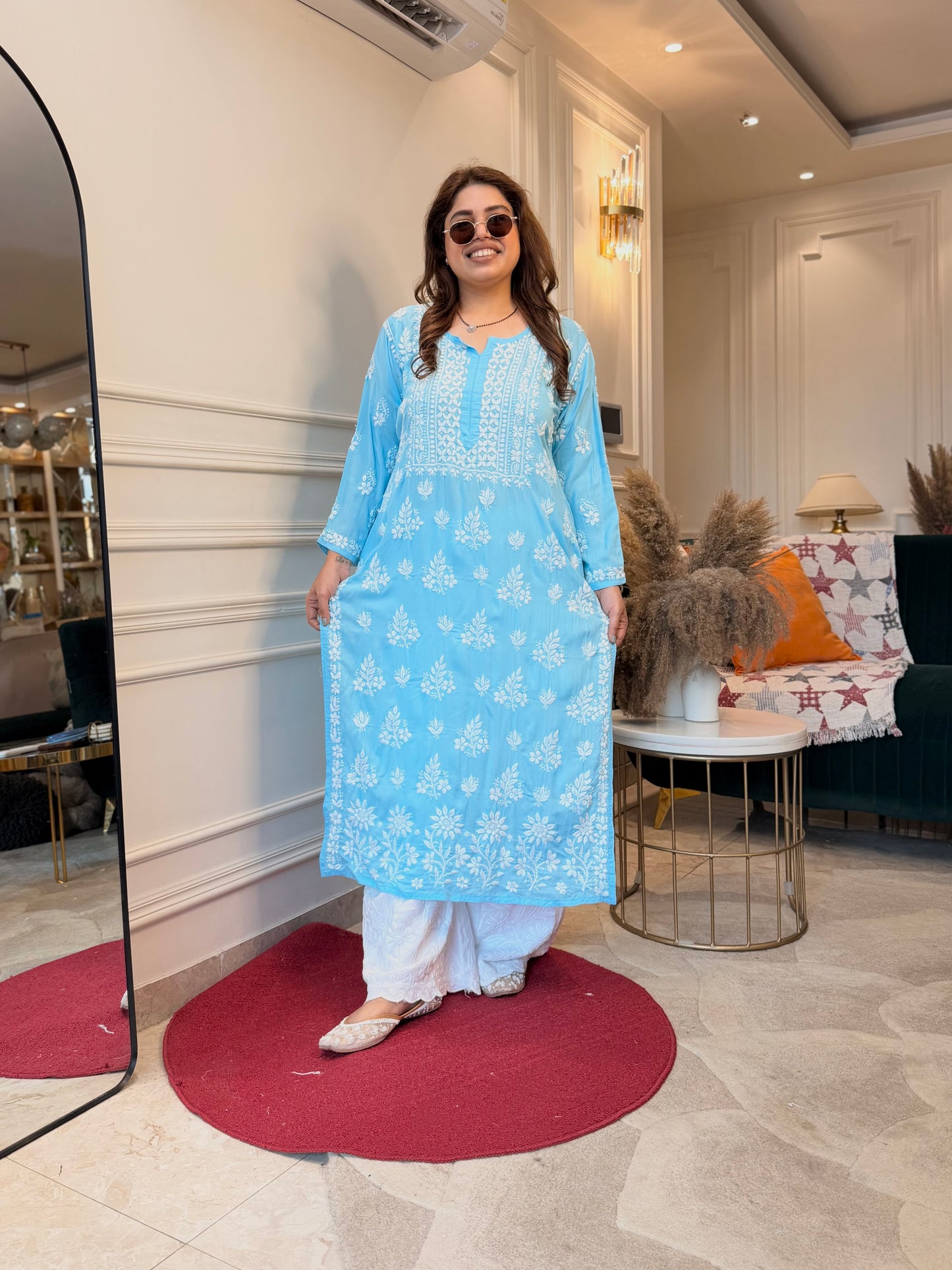 Hand Embroidered 3DChikankari Kurta  | Mul Chanderi | Frozi Blue