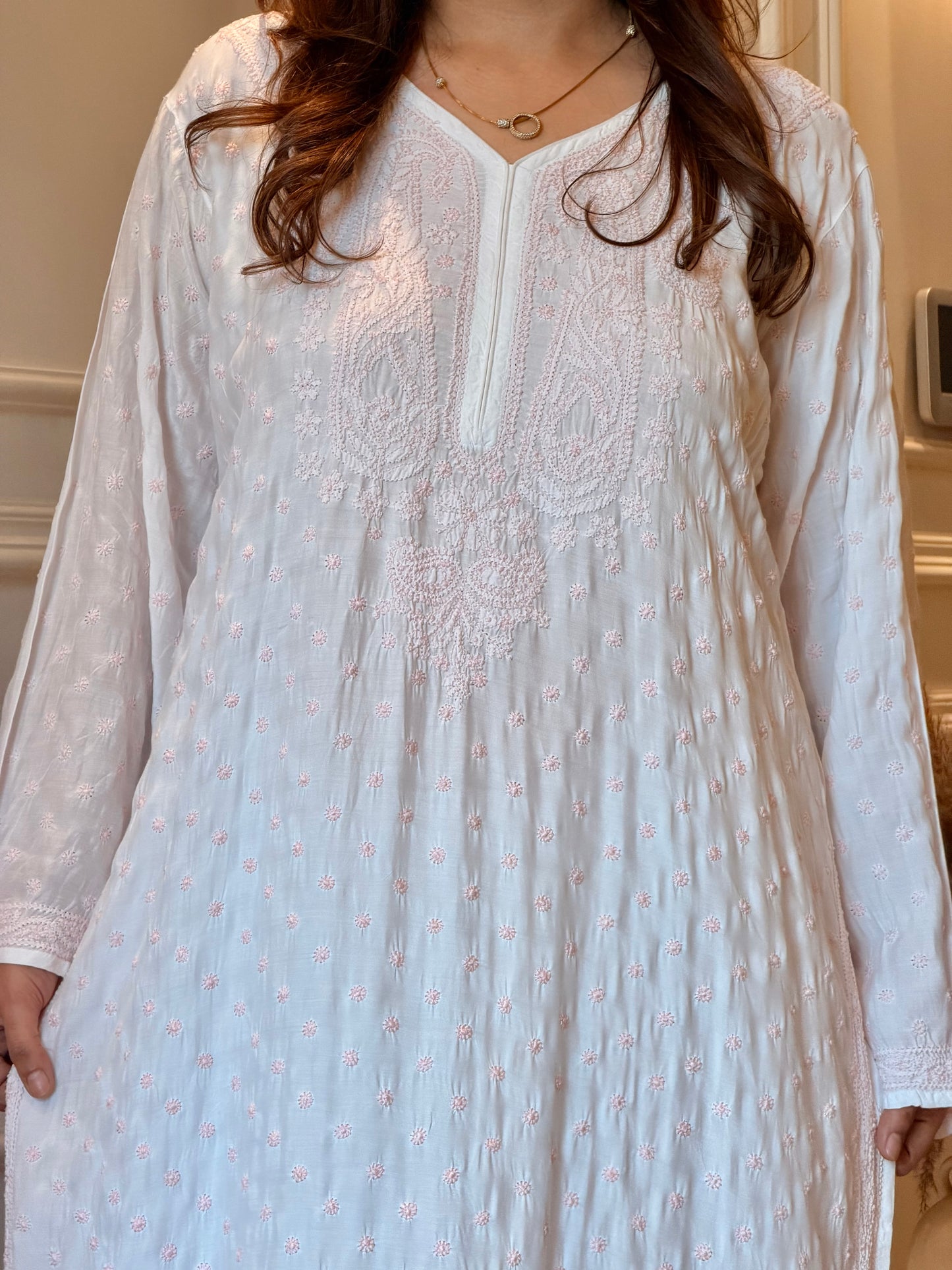 Hand Embroidered Chikankari Kurta  | Mul Chanderi | white with Pink| Plus Size