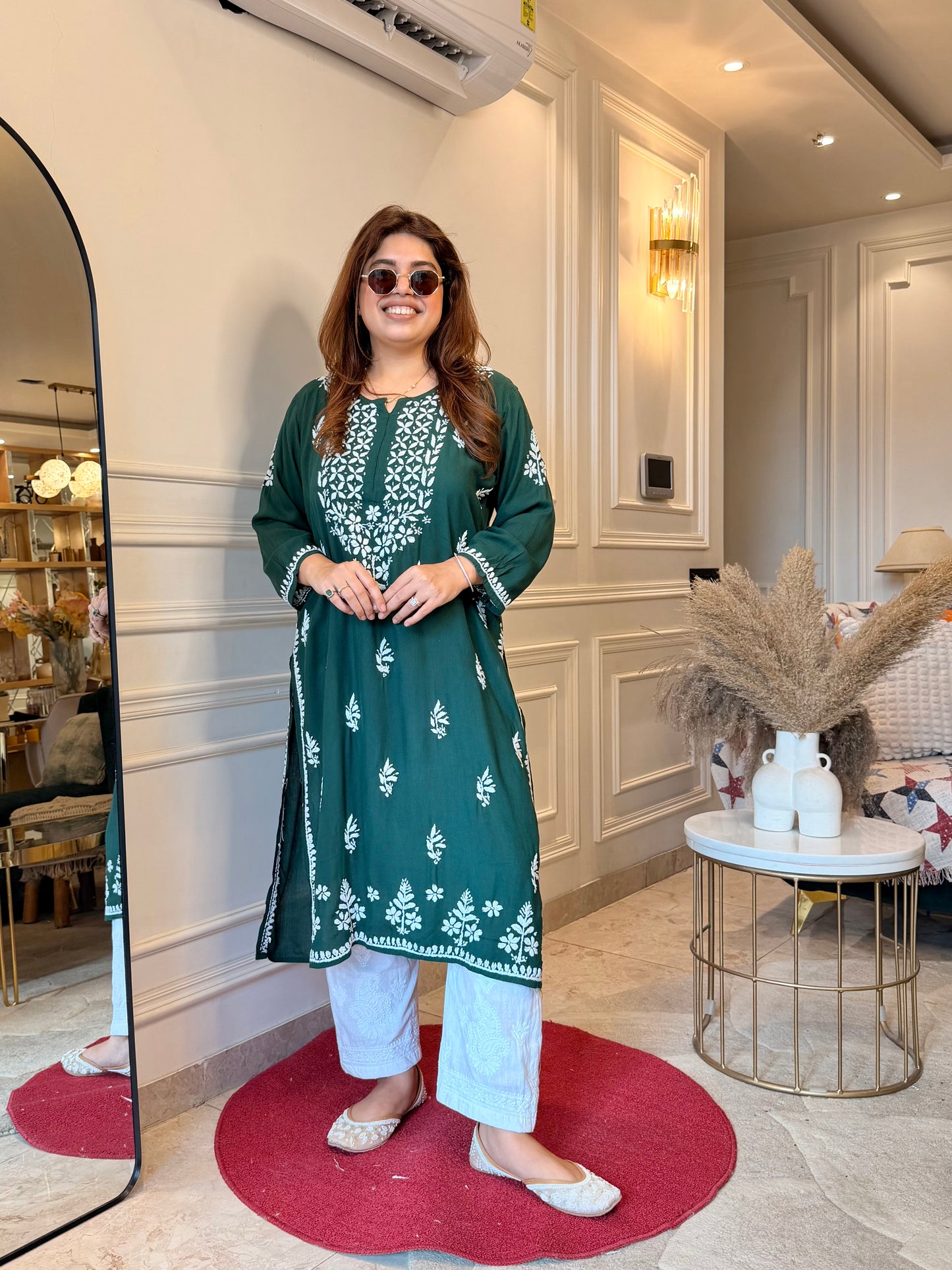 Hand Embroidered Chikankari Kurta | Modal | Emerald Green