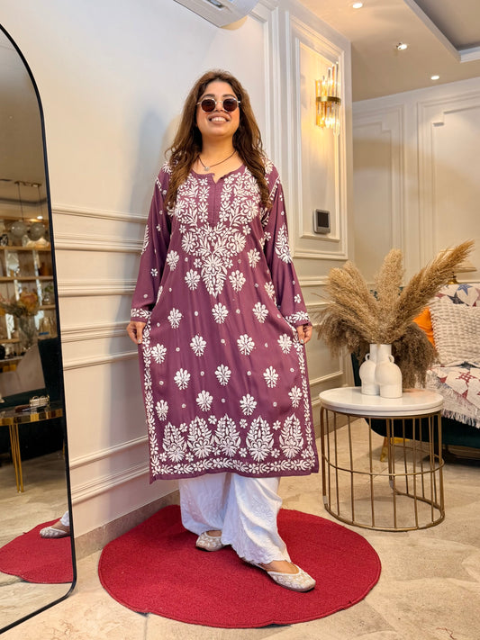 Hand Embroidered Chikankari Kurta set | Modal | Plum Blush