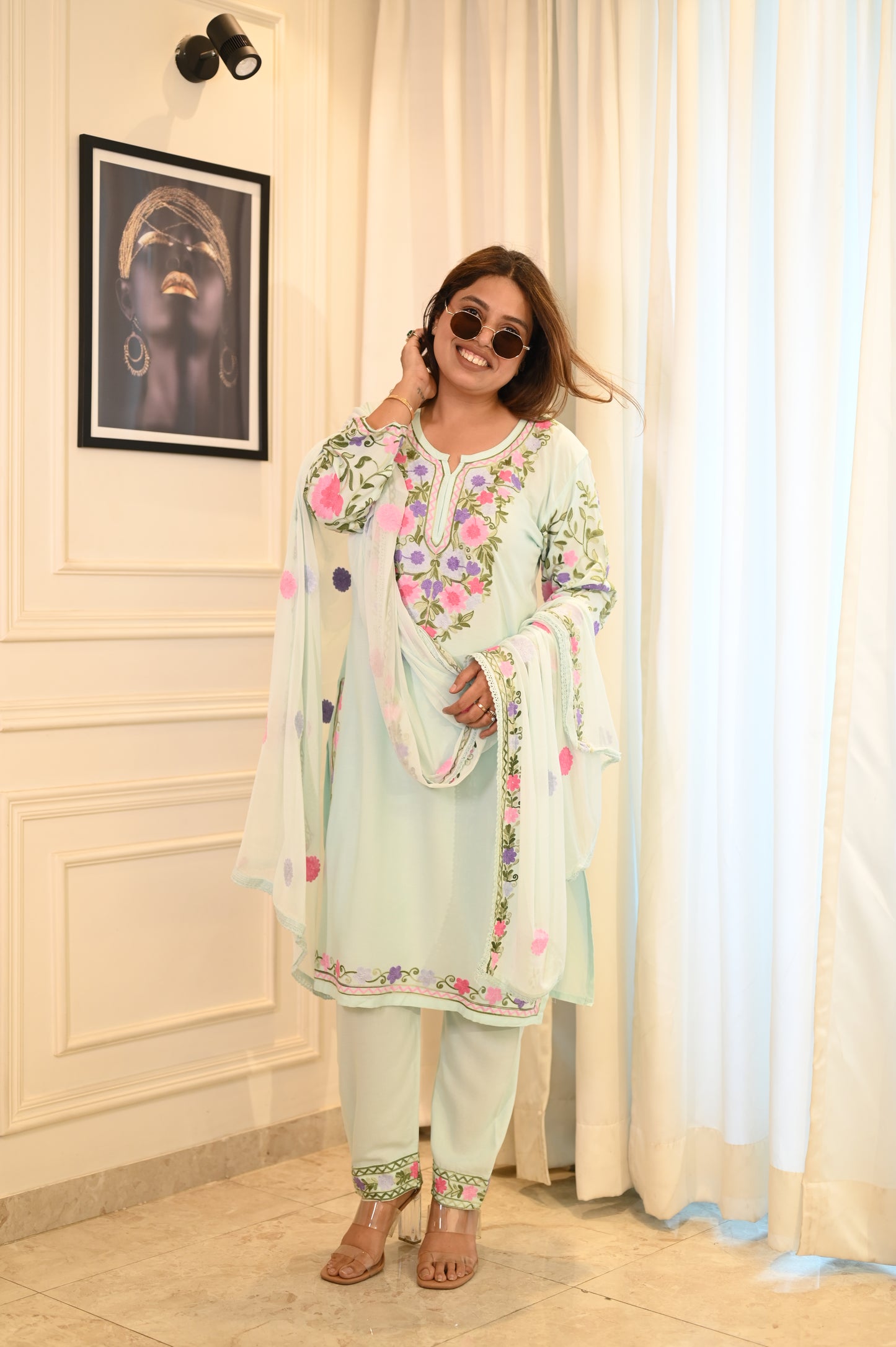 Elegant Frozi Blue Floral Embroidered Suit