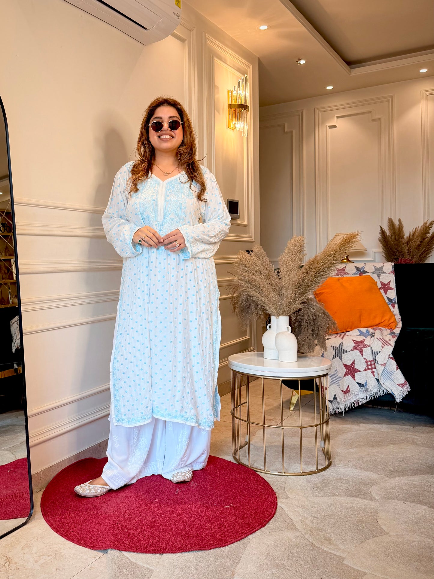 Hand Embroidered Chikankari Kurta  | Mul Chanderi | white with Blue| Plus Size