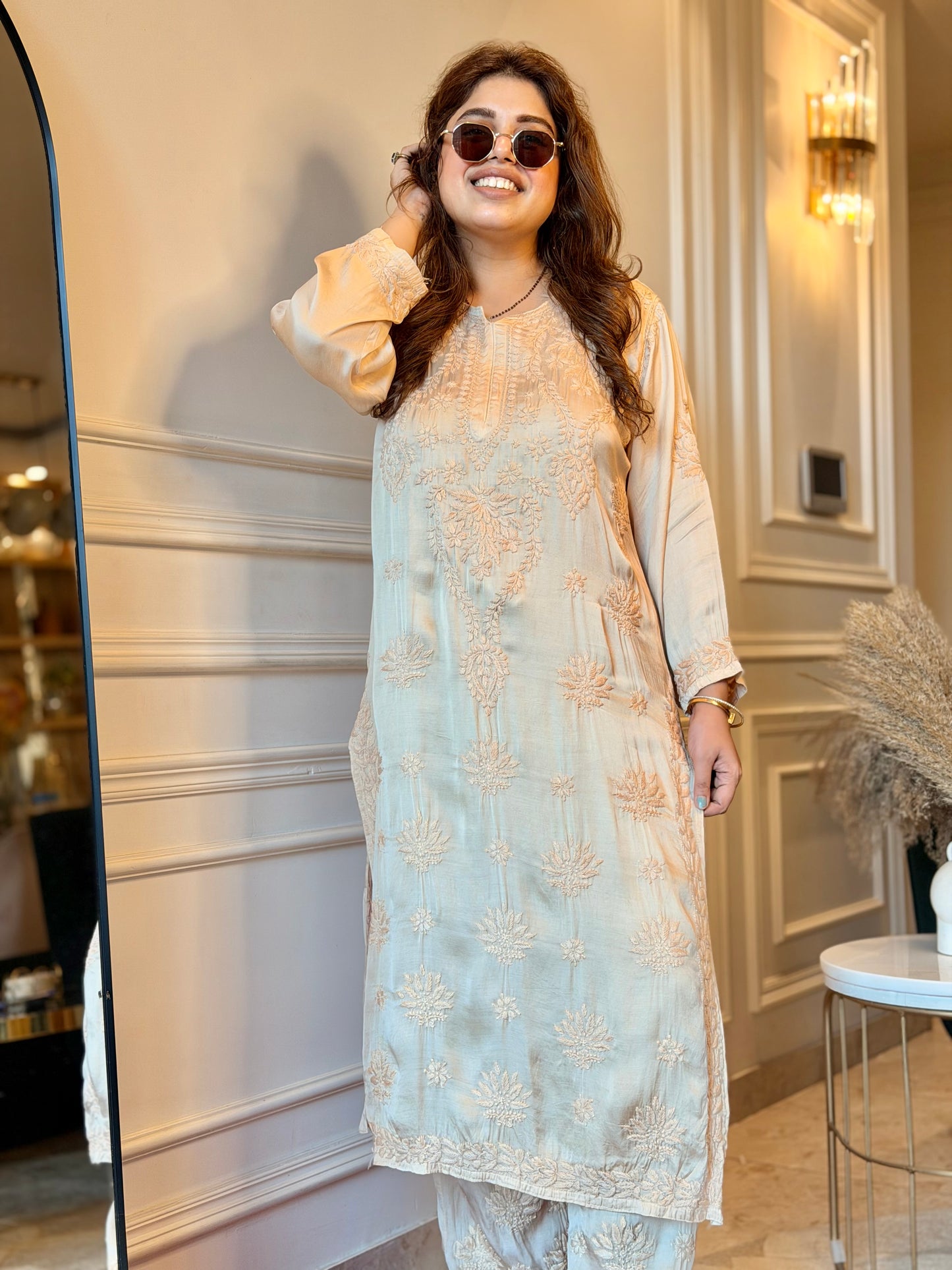 Hand Embroidered Chikankari Kurta set | Modal Satin Silk | Ivory