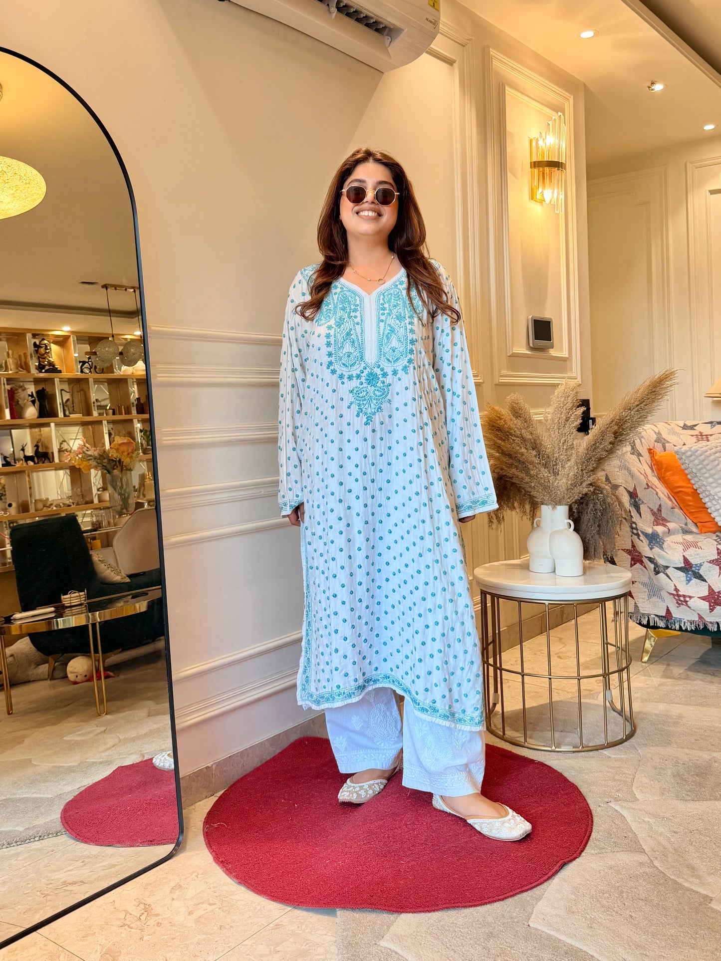 Hand Embroidered Chikankari Kurta  | Mul Chanderi | white with Turquoise Blue | Plus Size