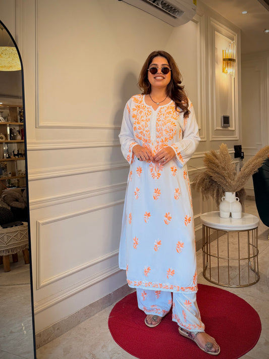 Hand Embroidered Chikankari Kurta Set - white with orange