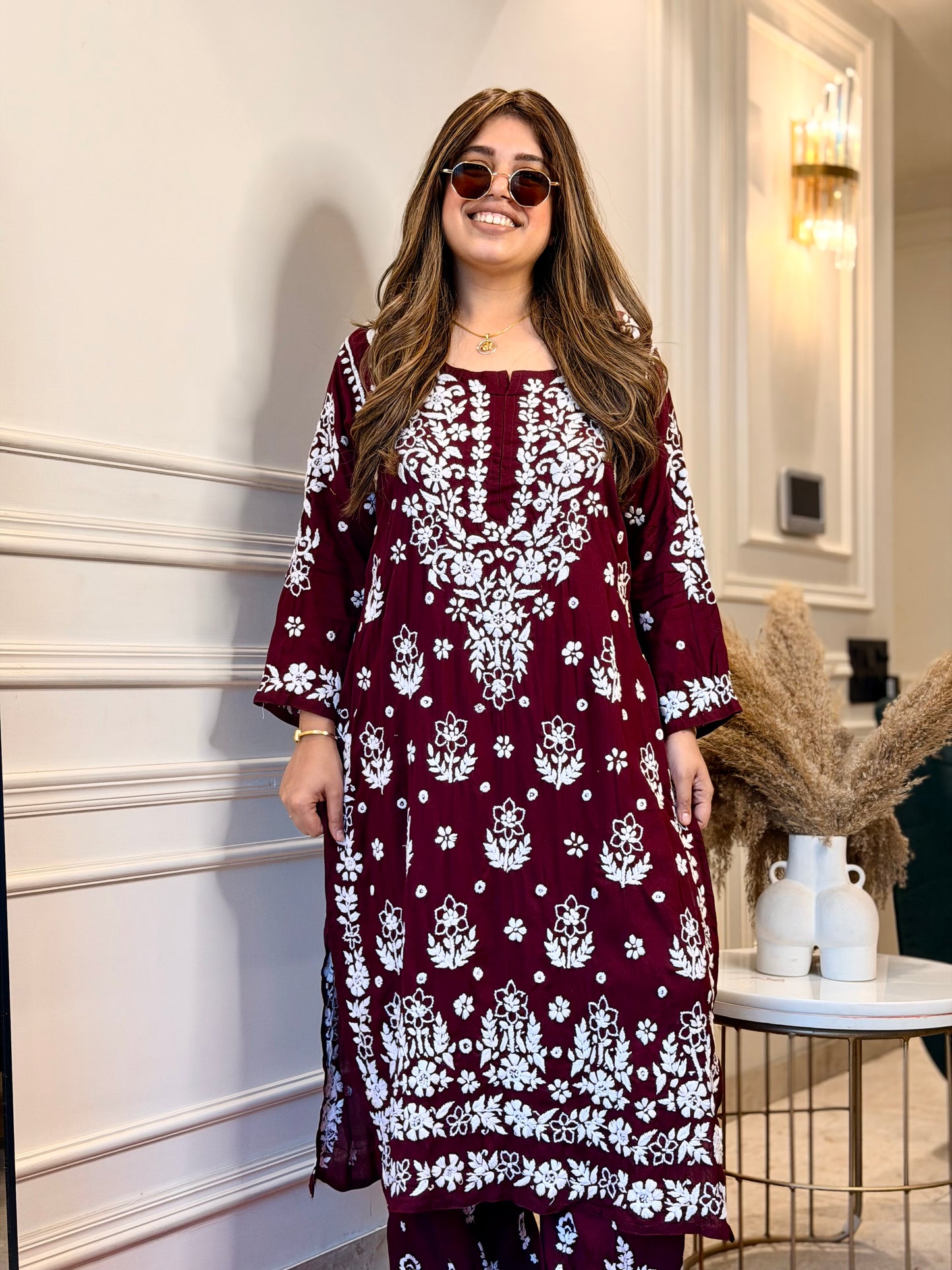 Hand embroidered 3D Chikankari Kurta set | Premium Modal| Mahroon