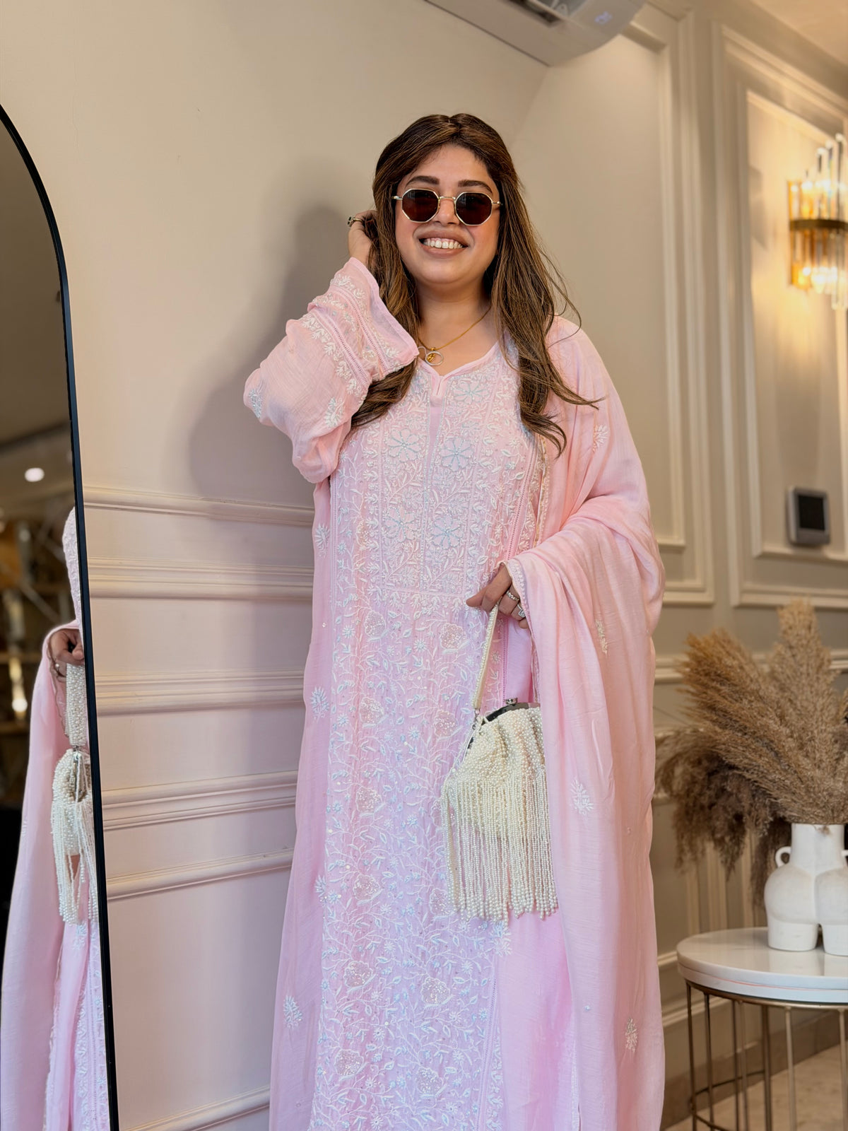 Luxe Hand Embroidered Chikankari Kurta & Duppta | Premium Soft Muslin | Pink