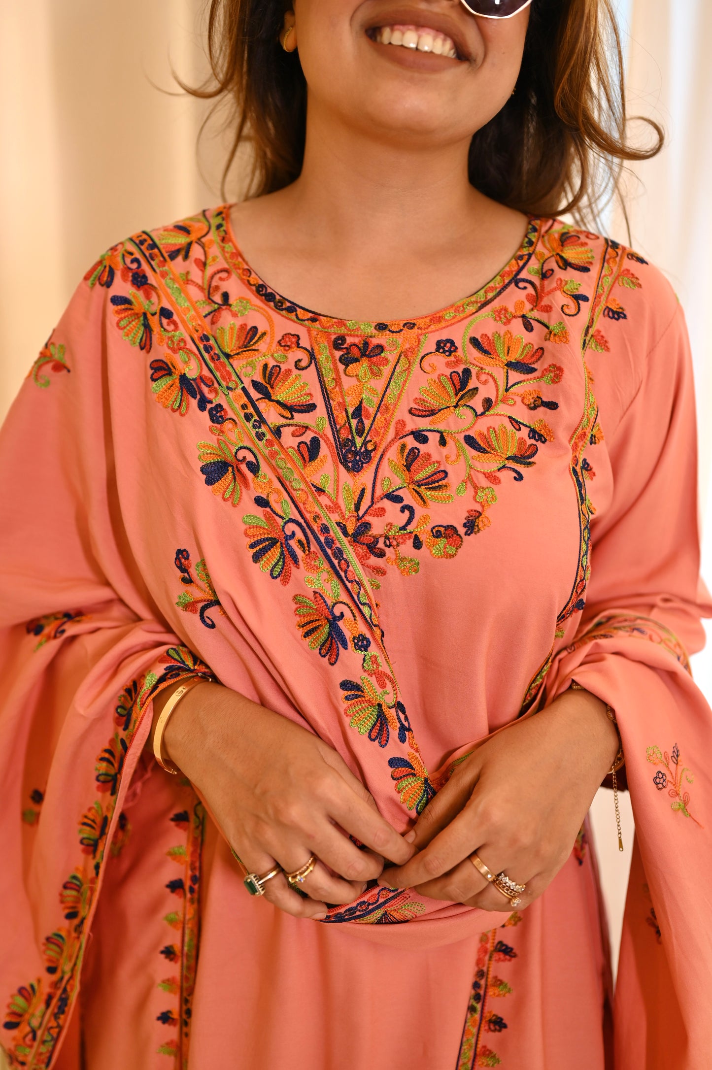 Peach Pink Cotton Embroidered Kurta Set with Dupatta