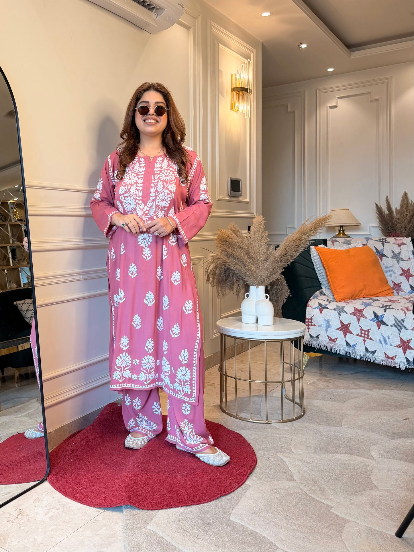 Hand Embroidered Chikankari Kurta set | Modal | Peach Blossom