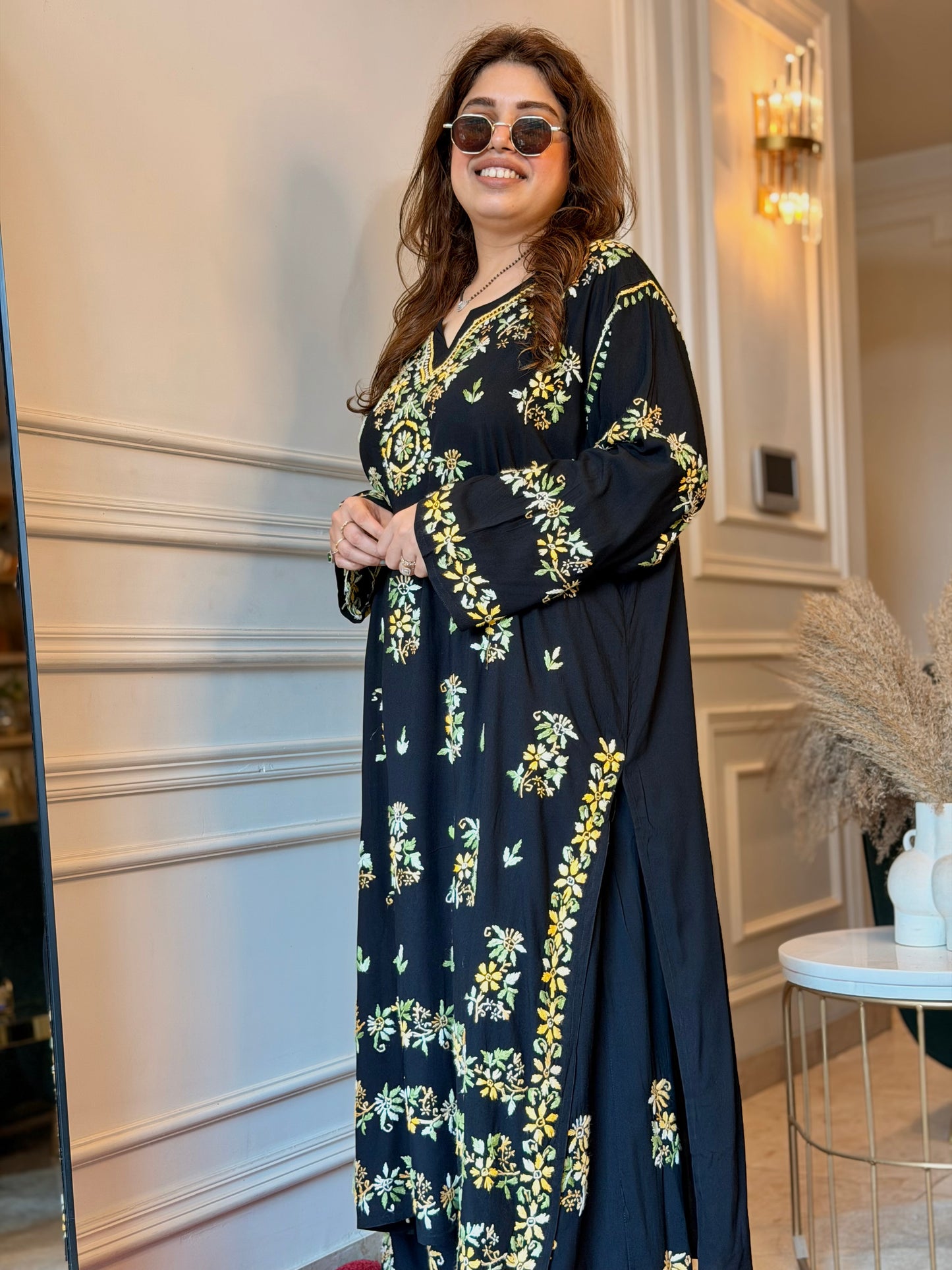 Hand Embroidered Chikankari Kurta set | Modal  | Black with Mustard