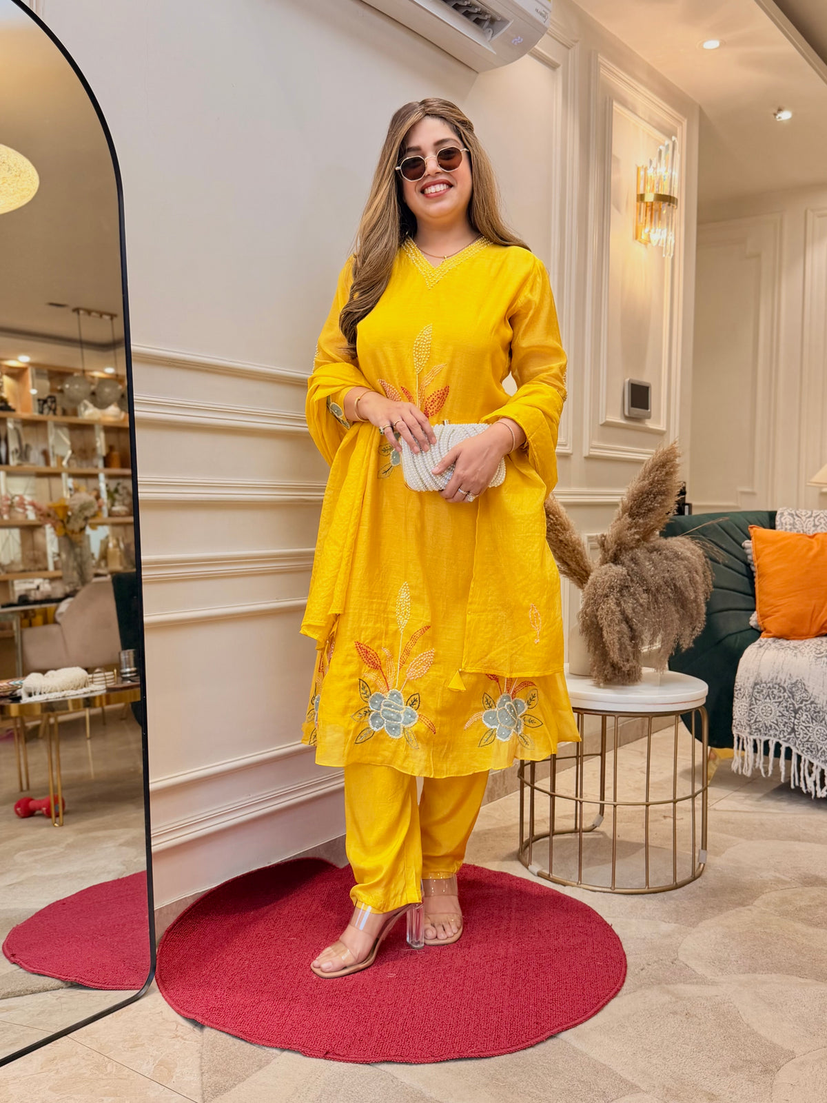 Exclusive Mul Chanderi 3Piece A line kurta set | Mustard