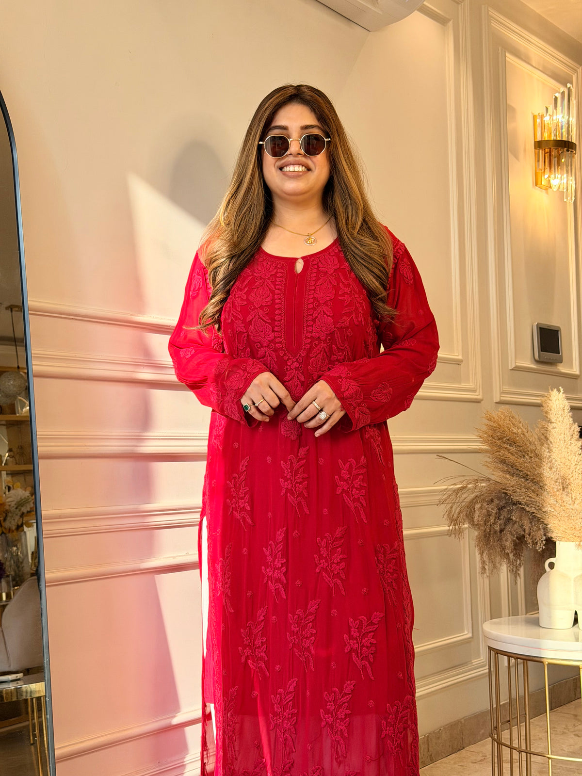 Hand Embroidered 3DChikankari Kurta  | Viscose | Cherry Red