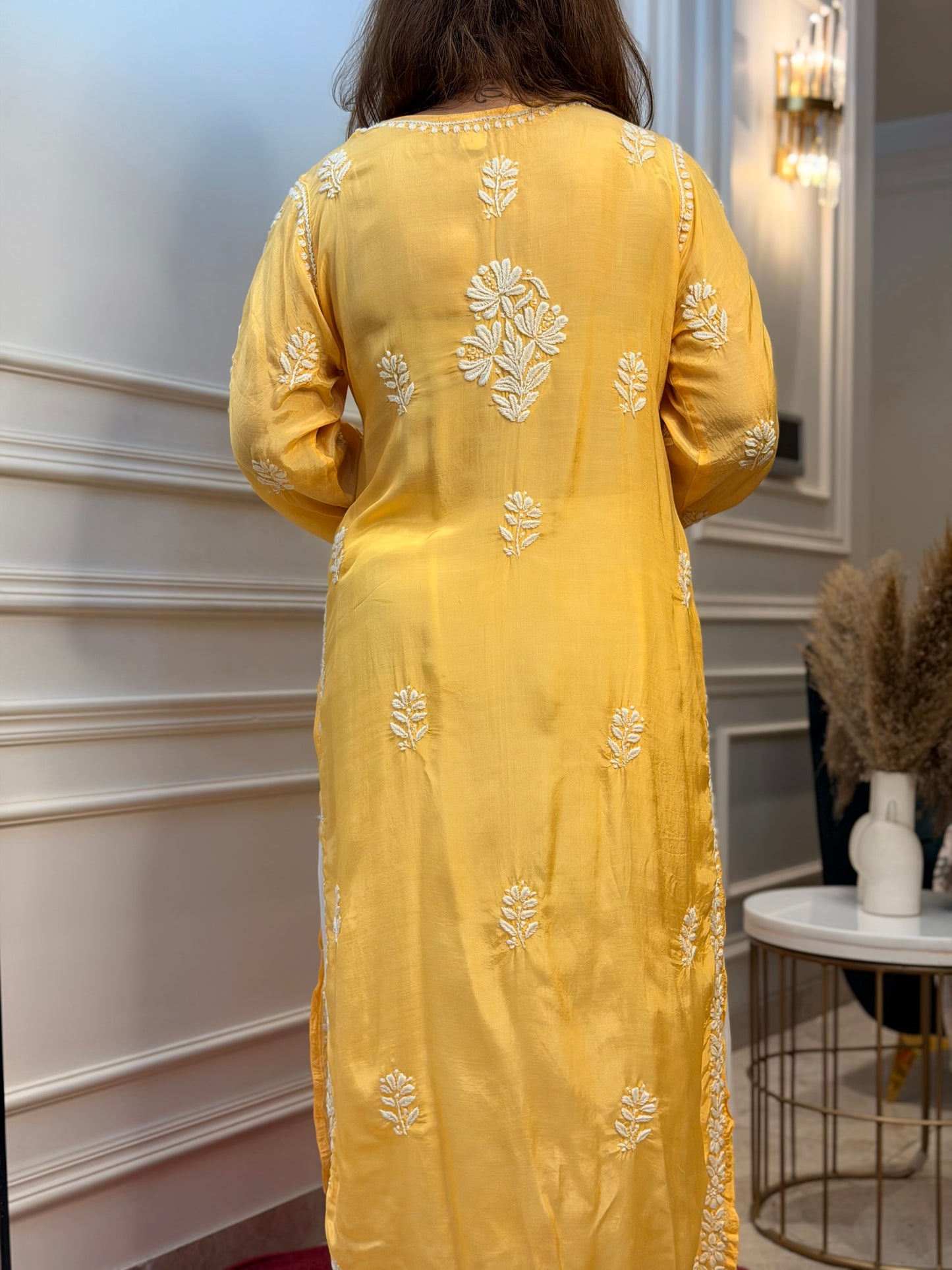 Hand Embroidered Chikankari Kurta  | Premium Mul Chanderi | Mustard Yellow