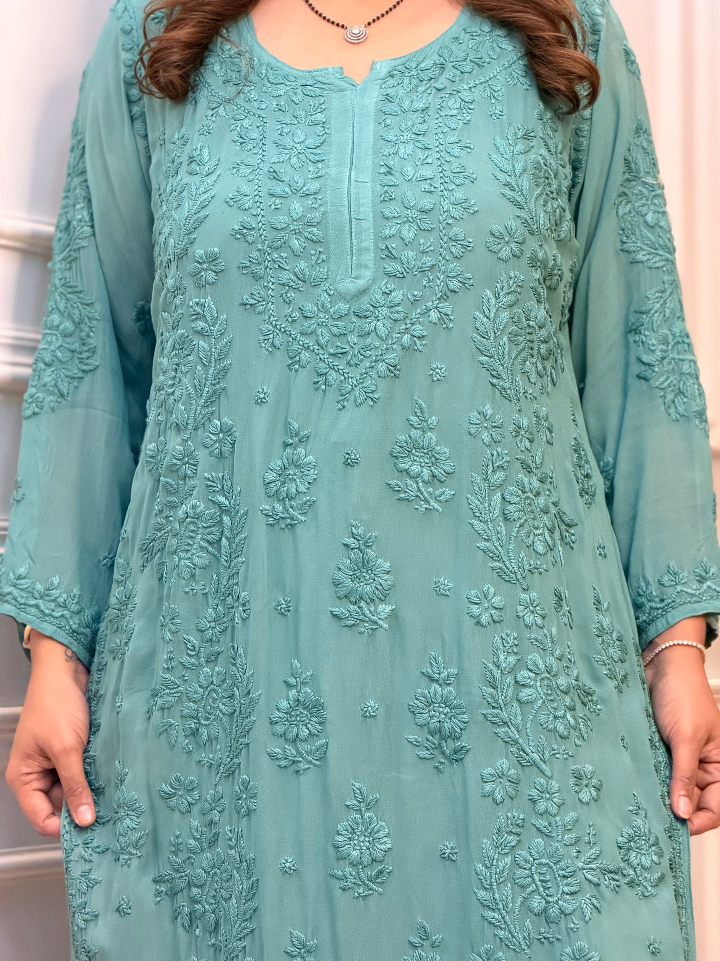 Hand Embroidered 6D Chikankari Kurta  | Premium Viscose | Teal