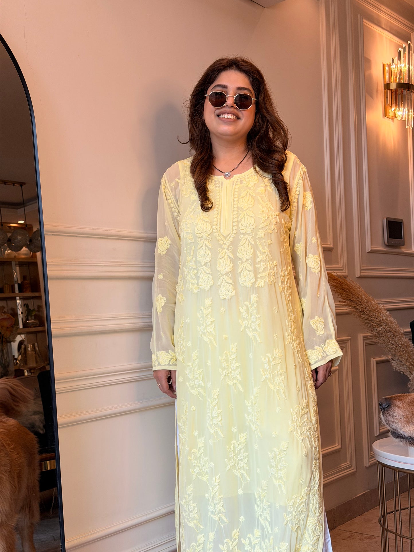 Hand Embroidered 3DChikankari Kurta  | Viscose | Butter Yellow