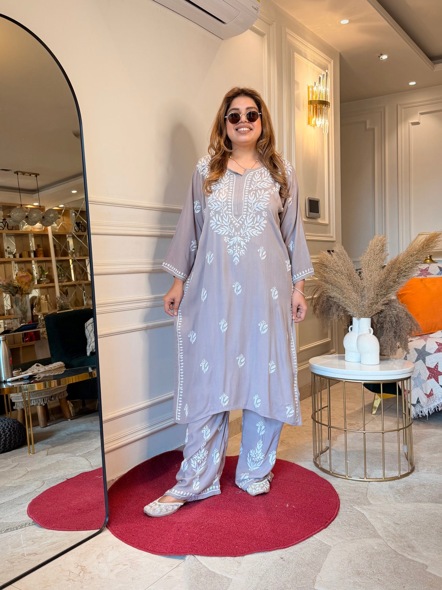 Hand Embroidered Chikankari Kurta set | Modal cotton | Moonstone Grey