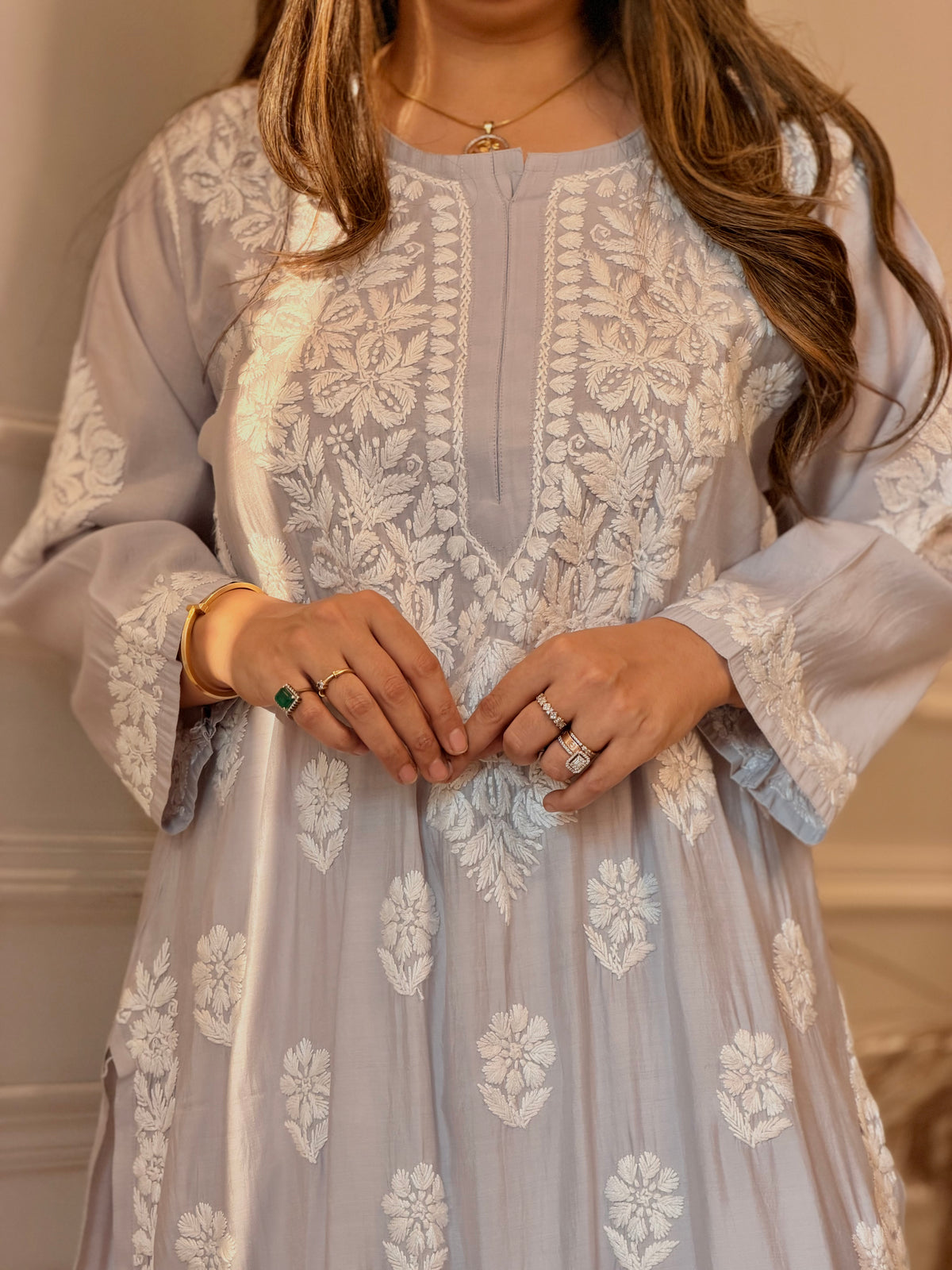 Hand Embroidered 3D Chikankari Kurta | Mul Chanderi | Grey