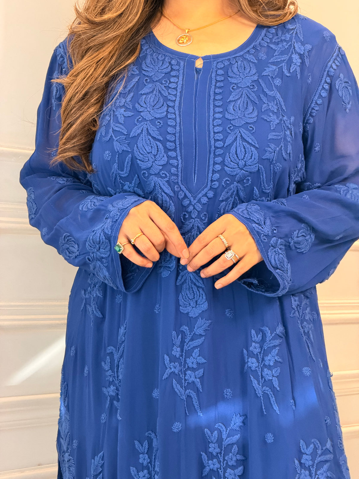 Hand Embroidered 3DChikankari Kurta  | Viscose | Royal Blue