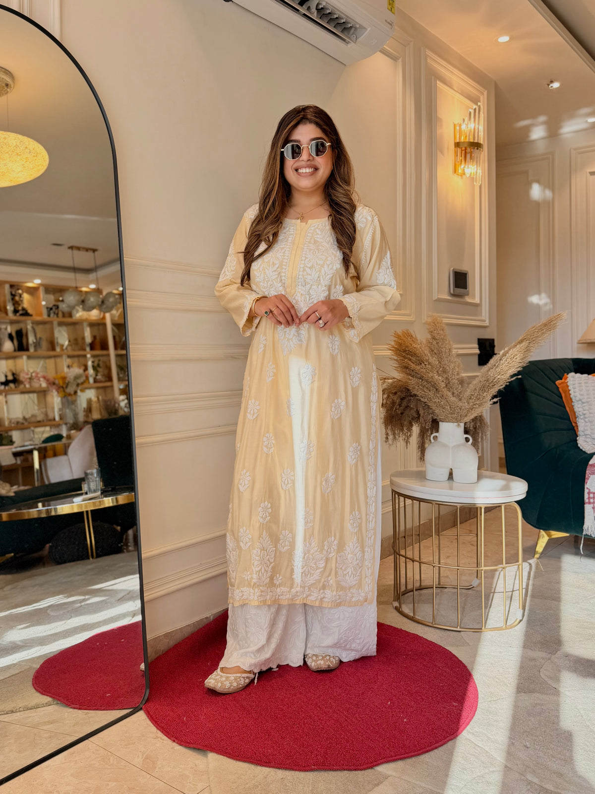 Hand Embroidered 3D Chikankari Kurta | Mul Chanderi | Light Yellow