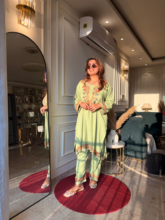 Cotton Kashmiri Emberoried Cordset- Mint Green