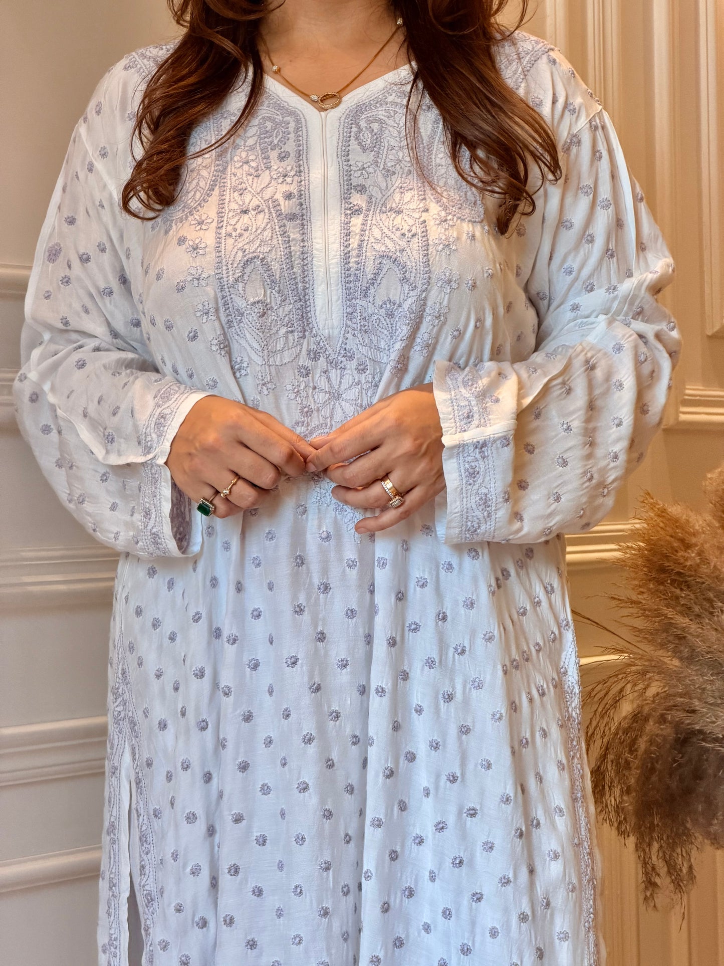 Hand Embroidered Chikankari Kurta  | Mul Chanderi | white with Purple | Plus Size