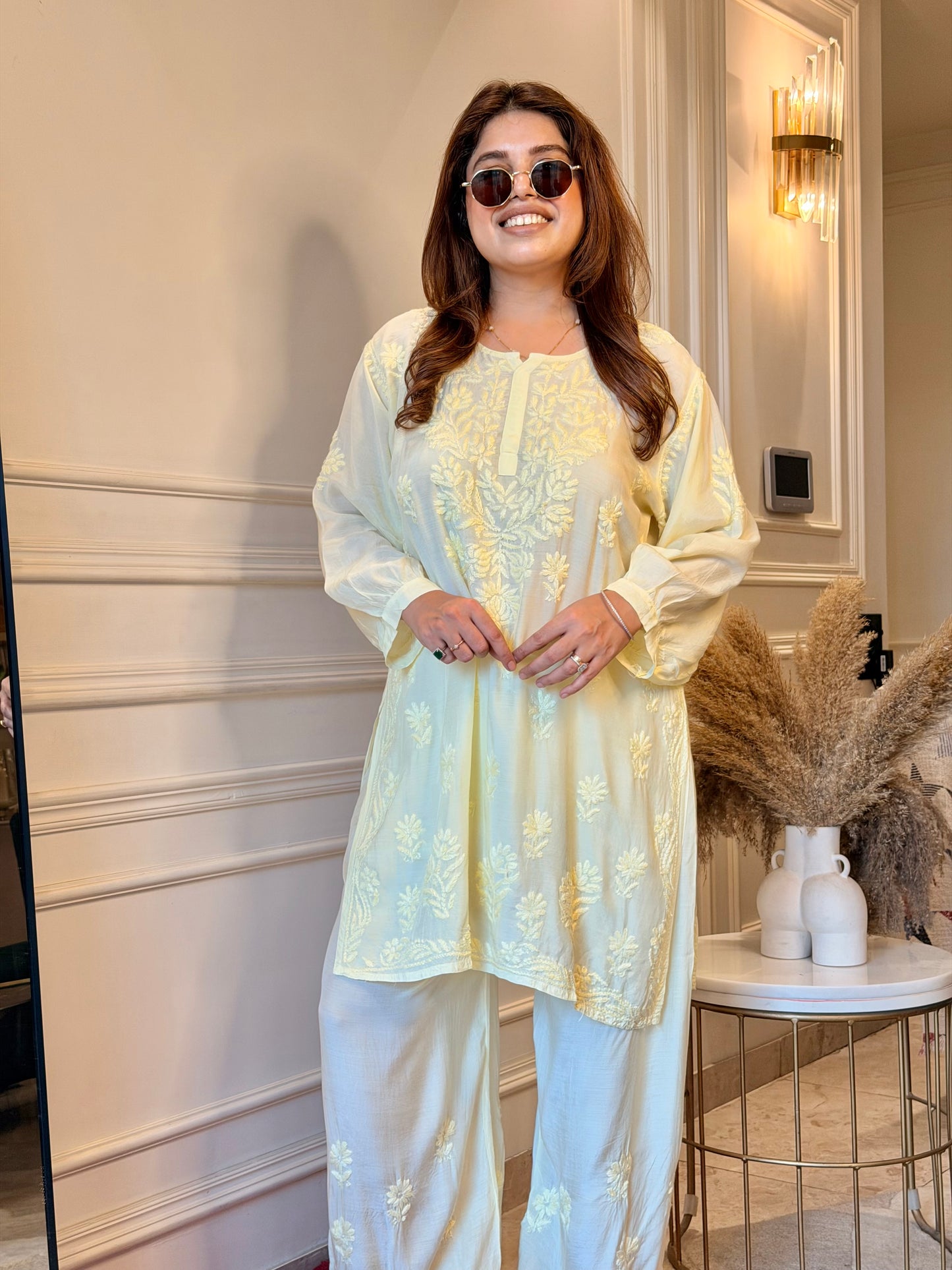 Hand Embroidered Chikankari Cordset | Muslin | Butter Yellow