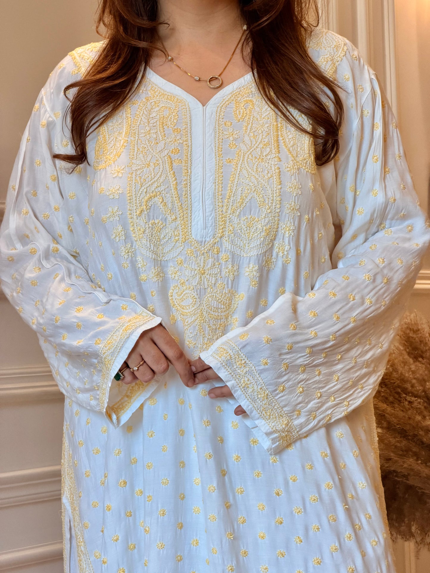 Hand Embroidered Chikankari Kurta  | Mul Chanderi | white with Yellow | Plus Size